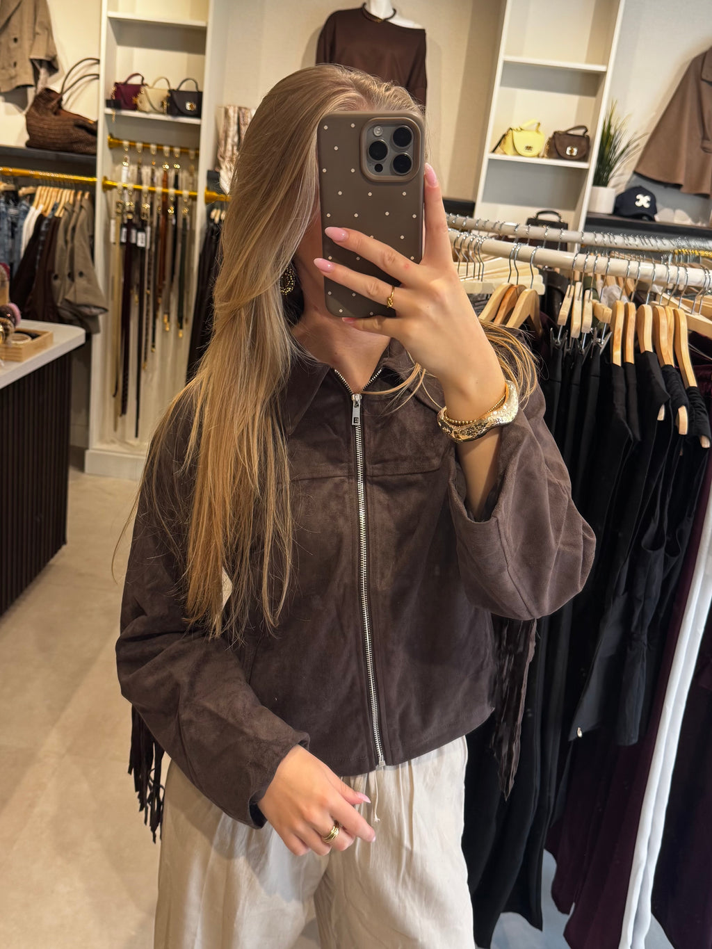 Suede jasje met franjes - Donkerbruin