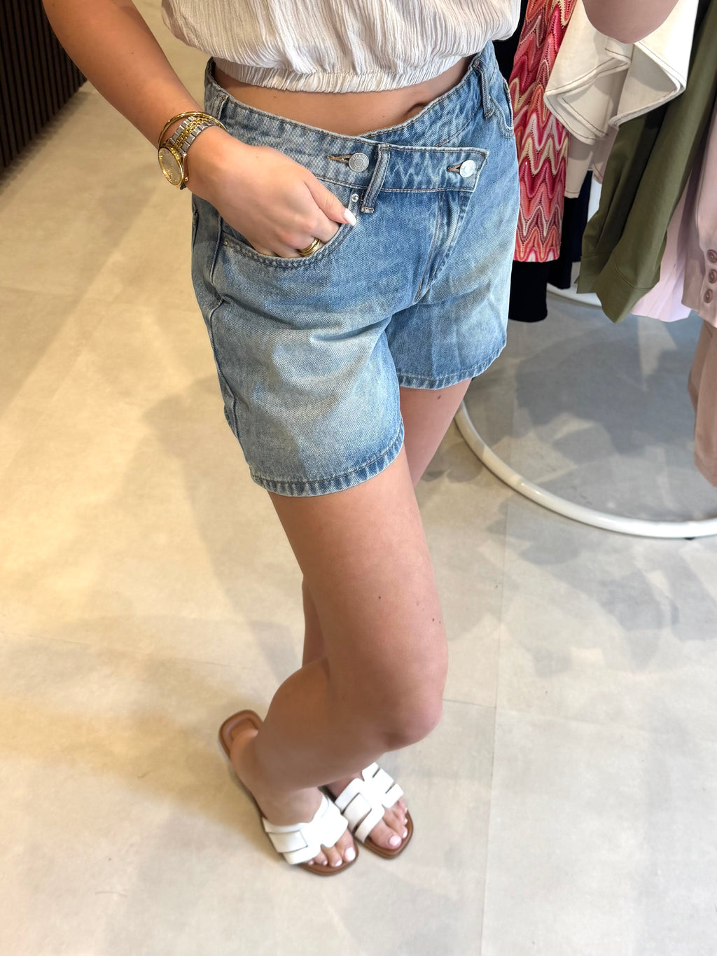 Denim short crosswaist - Middenblauw