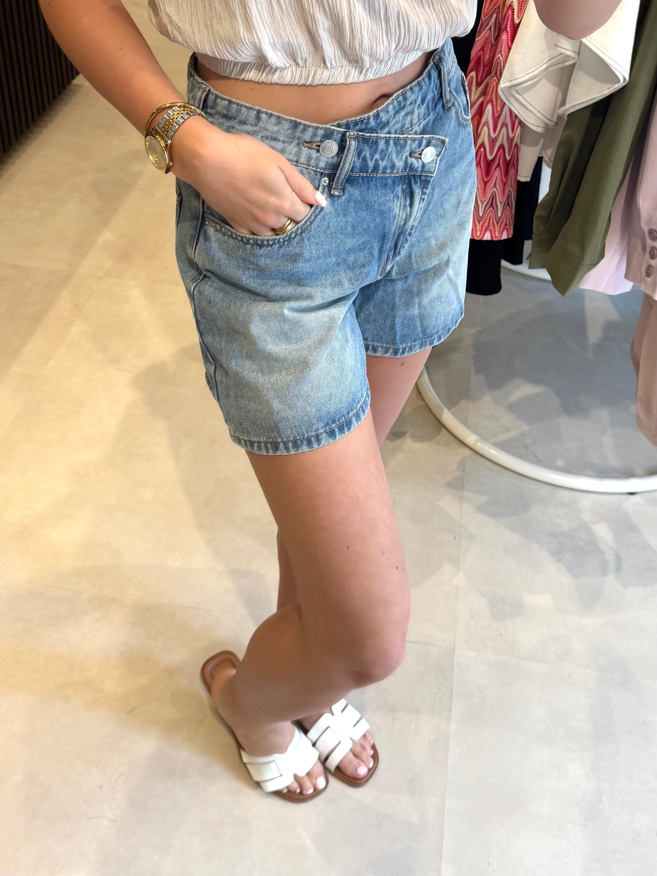 Denim short crosswaist - Middenblauw