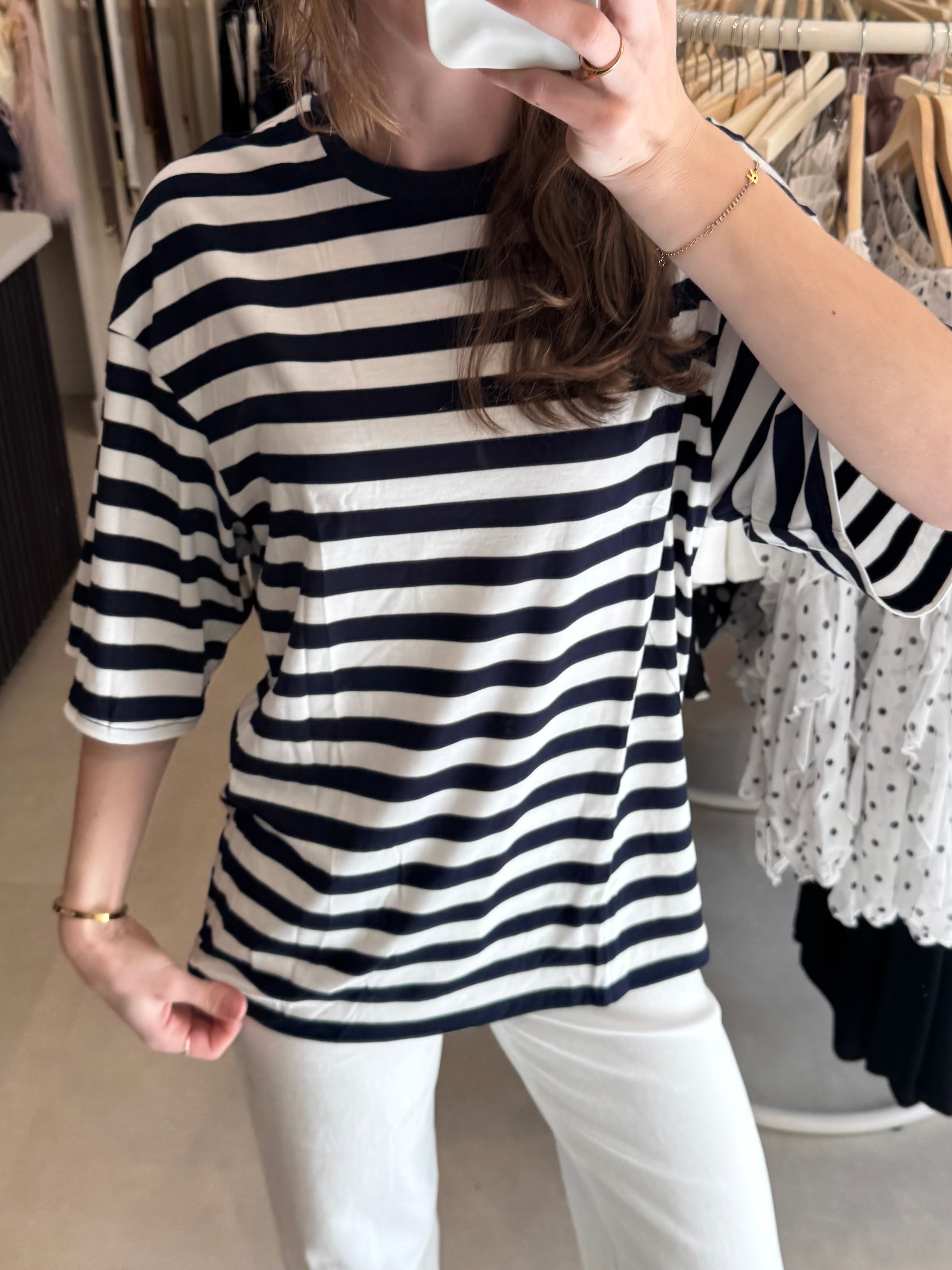 T shirt gestreept korte mouw - Navy/Wit