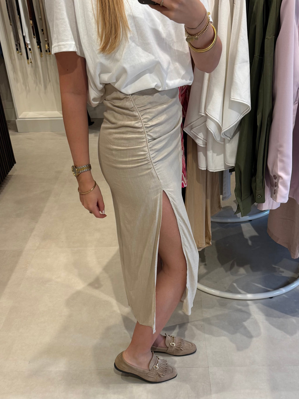 Linnen rok met split - Beige