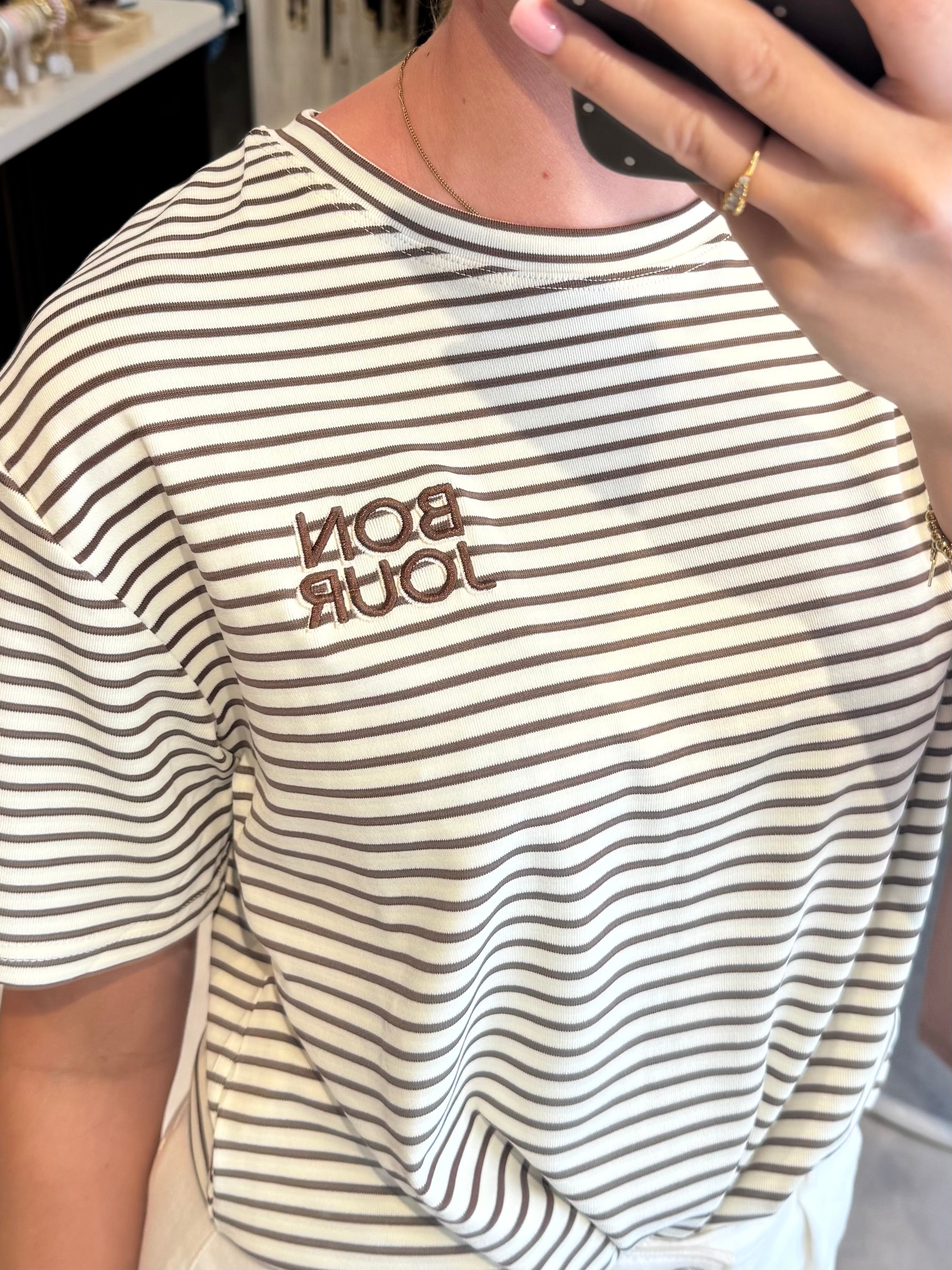 Gestreept t shirt Bonjour - Donkerbruin/Creme