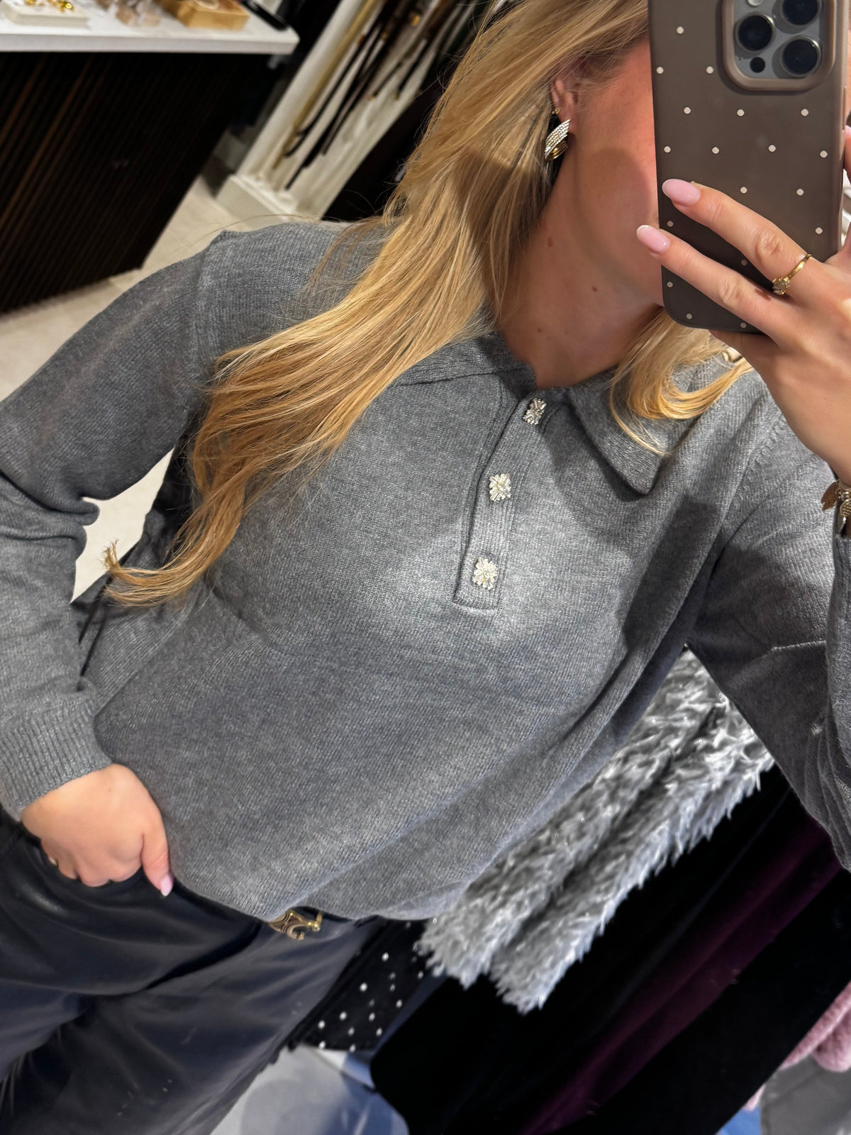 Polo trui met gouden knopen - Grijs