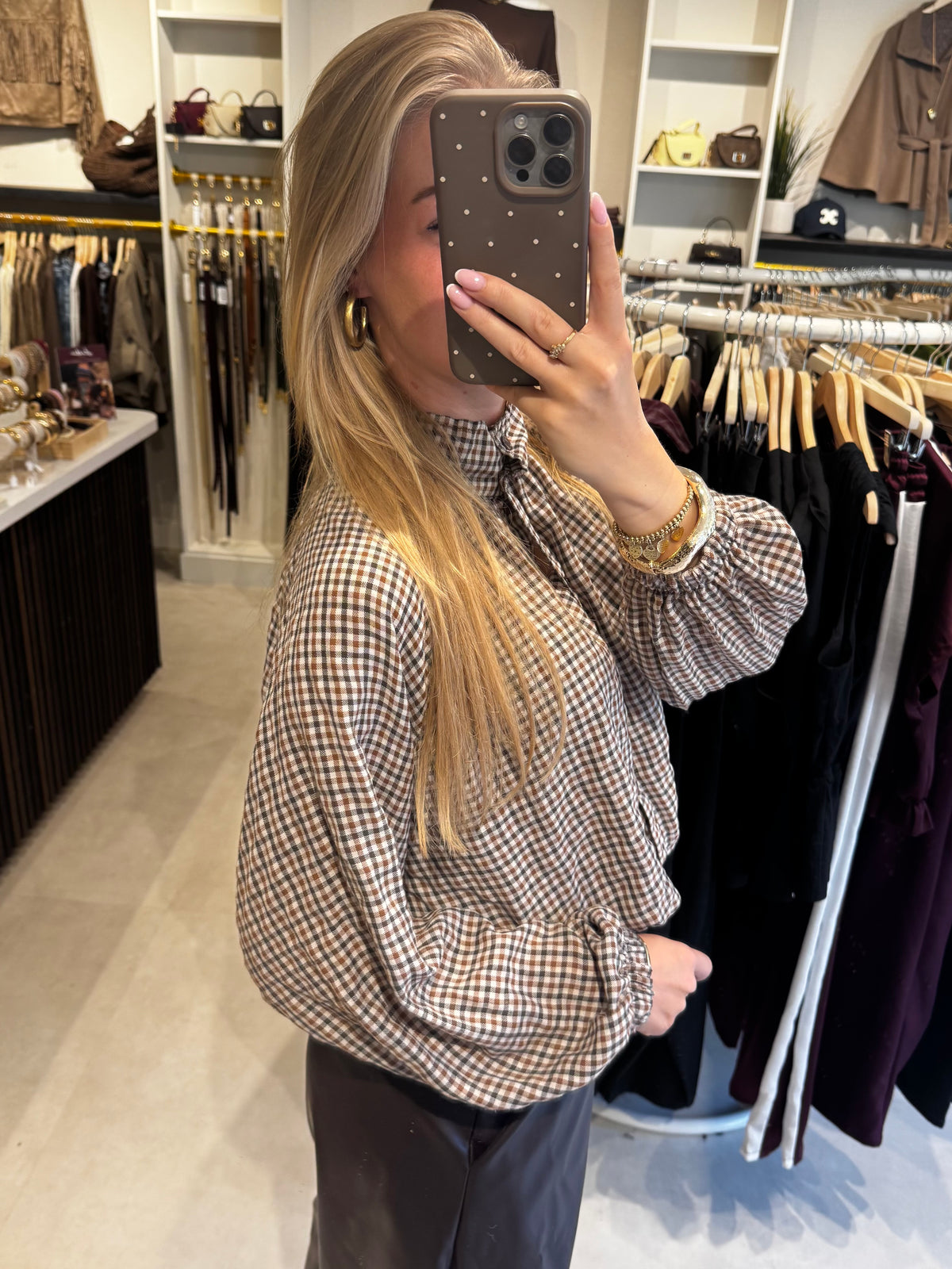 Geruite bomber blouse - Bruin/Camel
