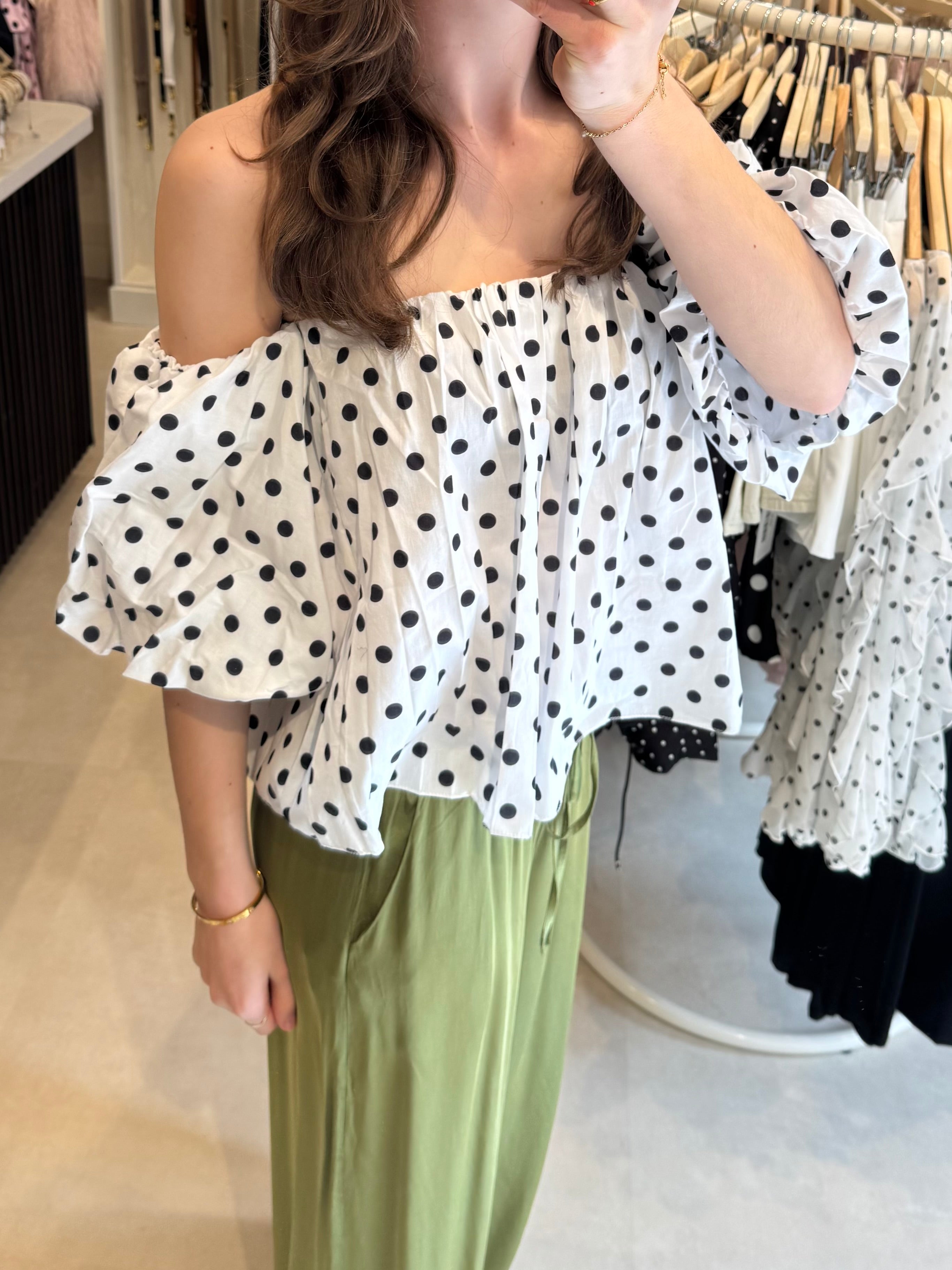 Off shoulder top polka dot - Wit/Zwart