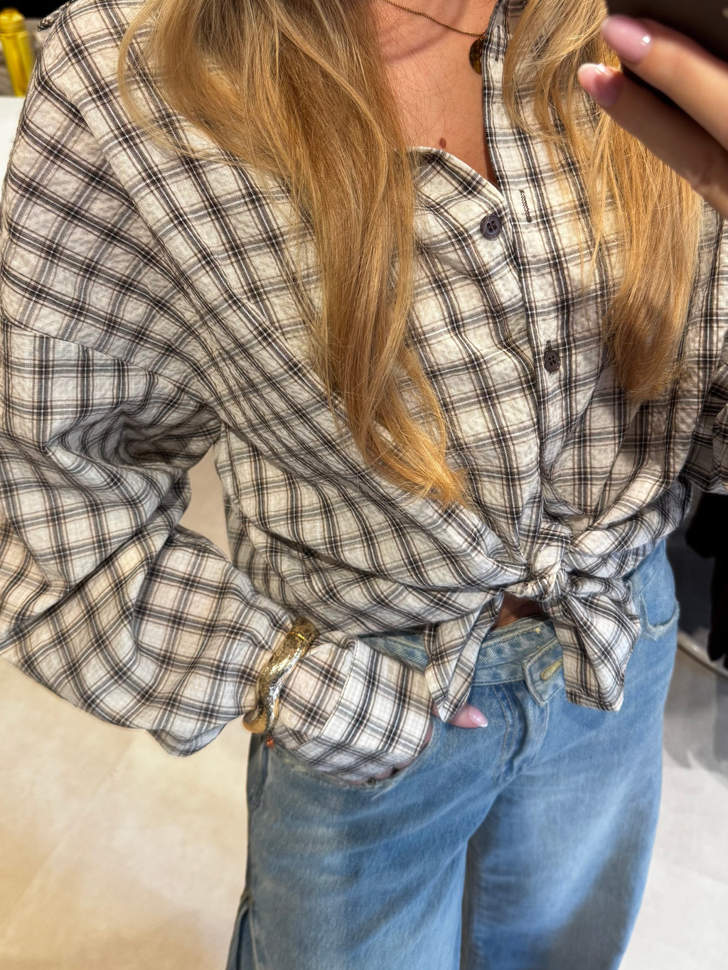 Geruite blouse oversized - Wit/Bruin