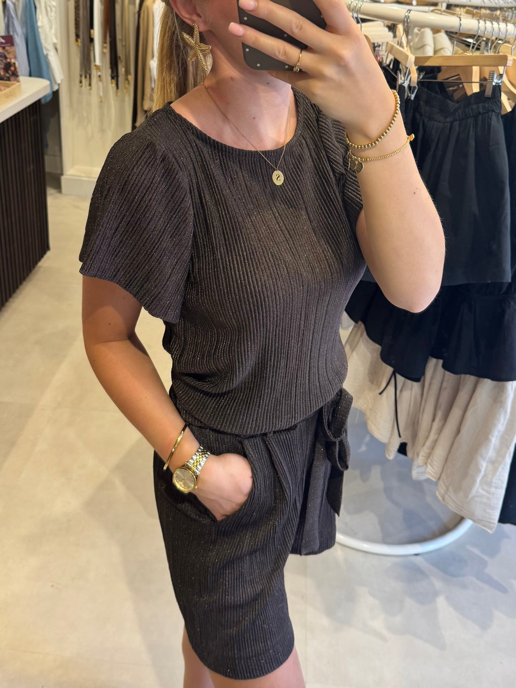Plissé shirt lurex - Donkerbruin