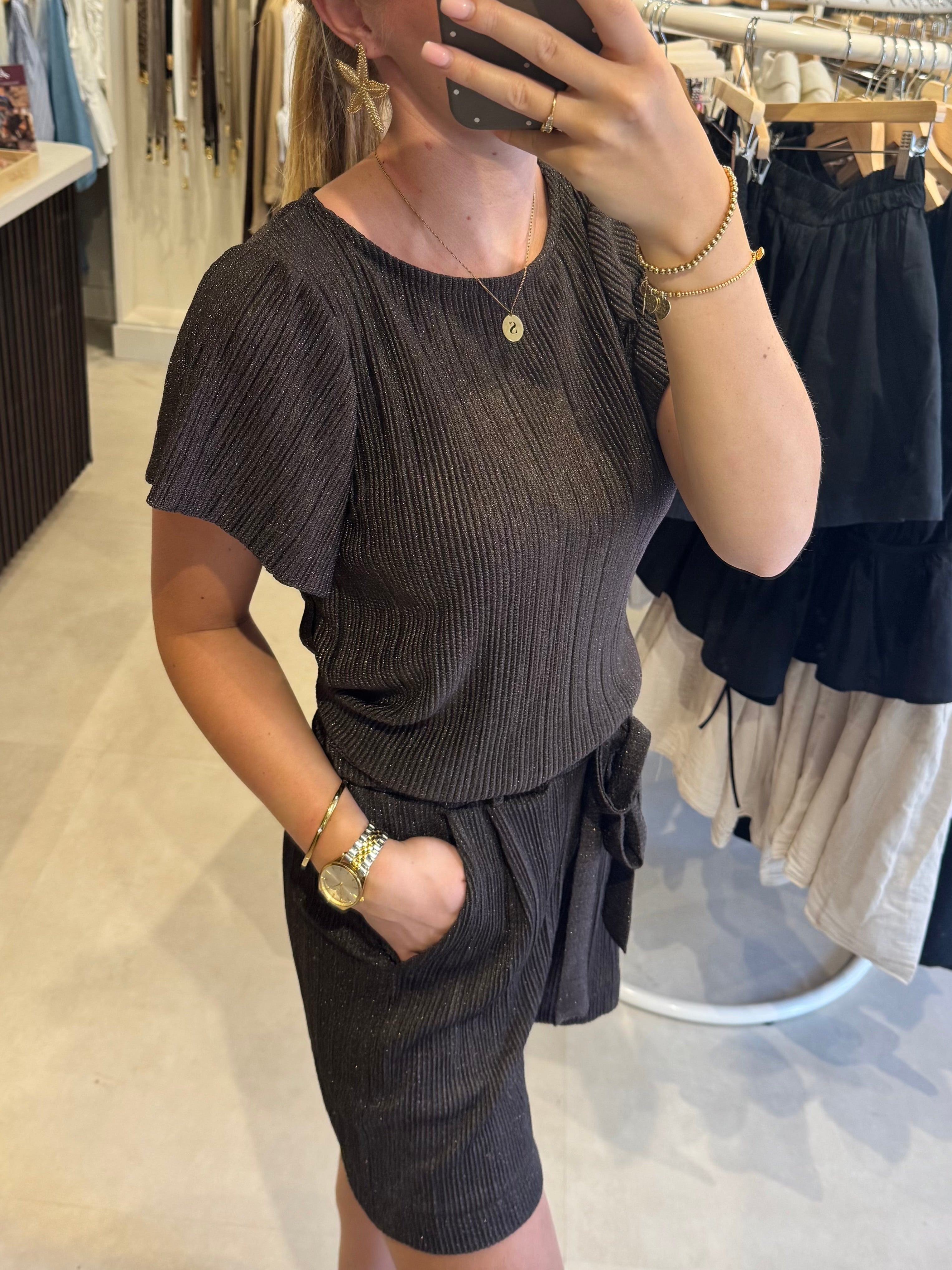 Plissé shirt lurex - Donkerbruin