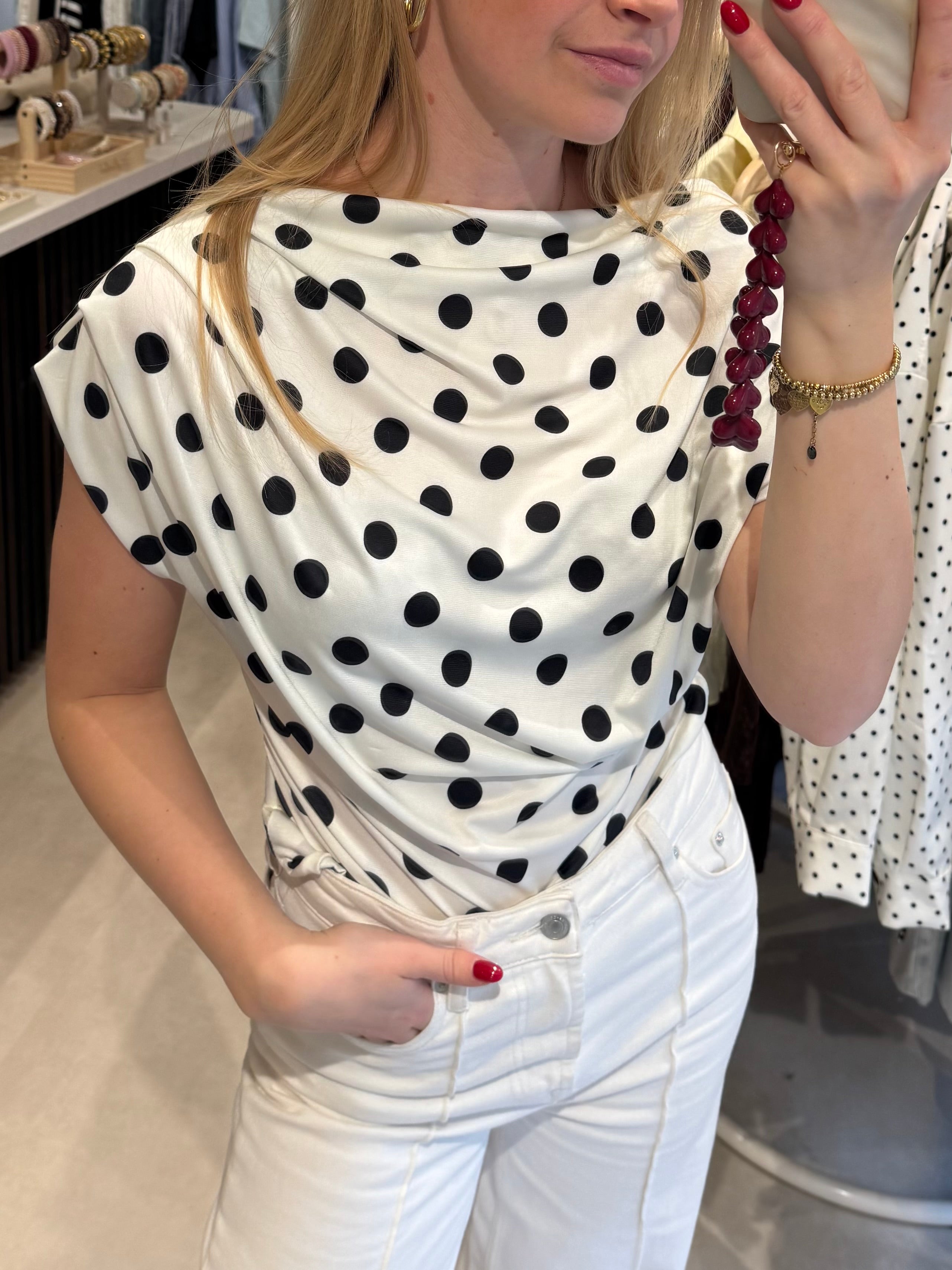 One shoulder top polka dot - Wit/Zwart