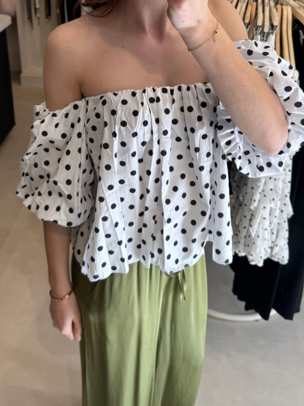 Off shoulder top polka dot - Wit/Zwart