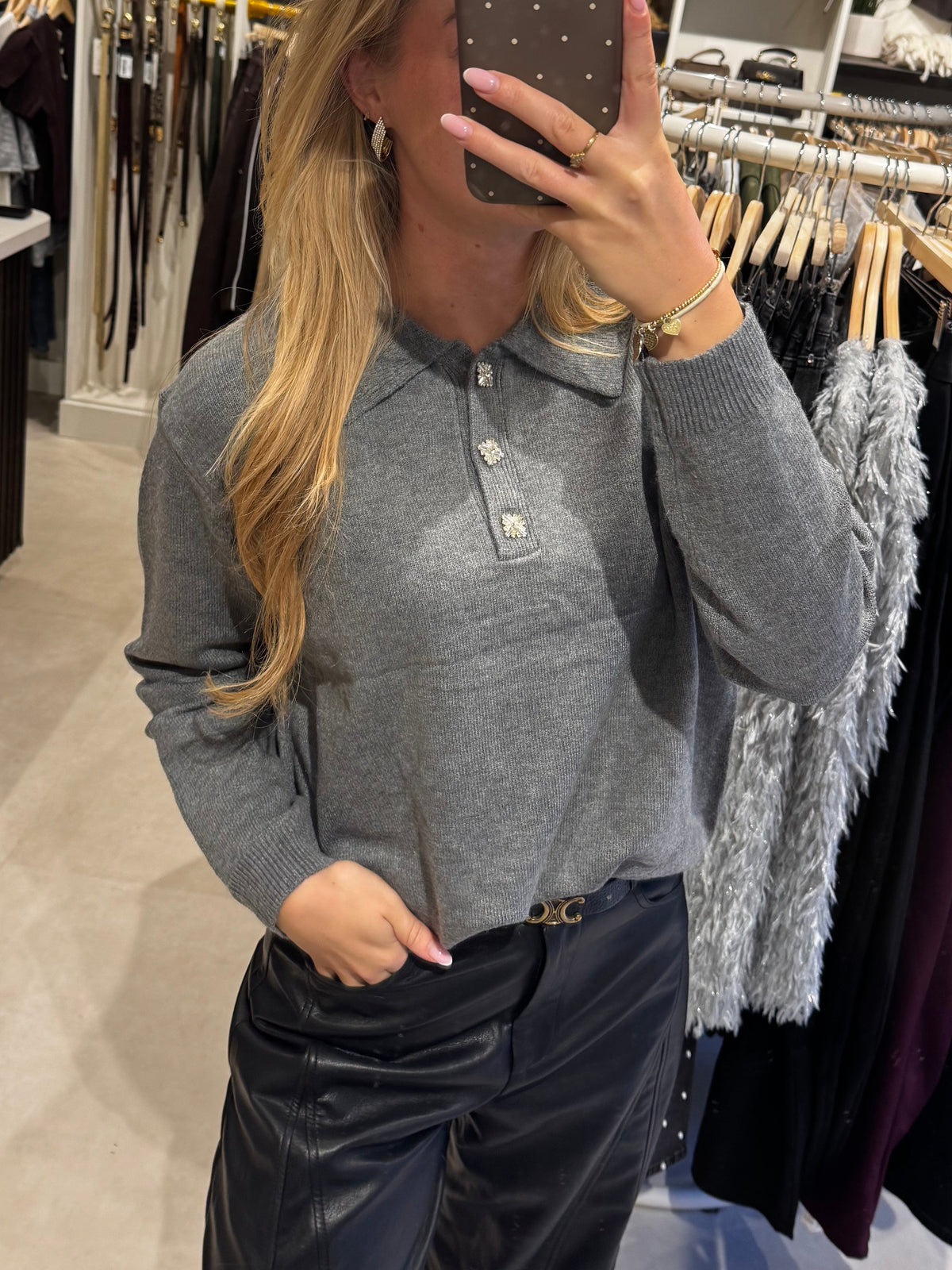 Polo trui met gouden knopen - Grijs