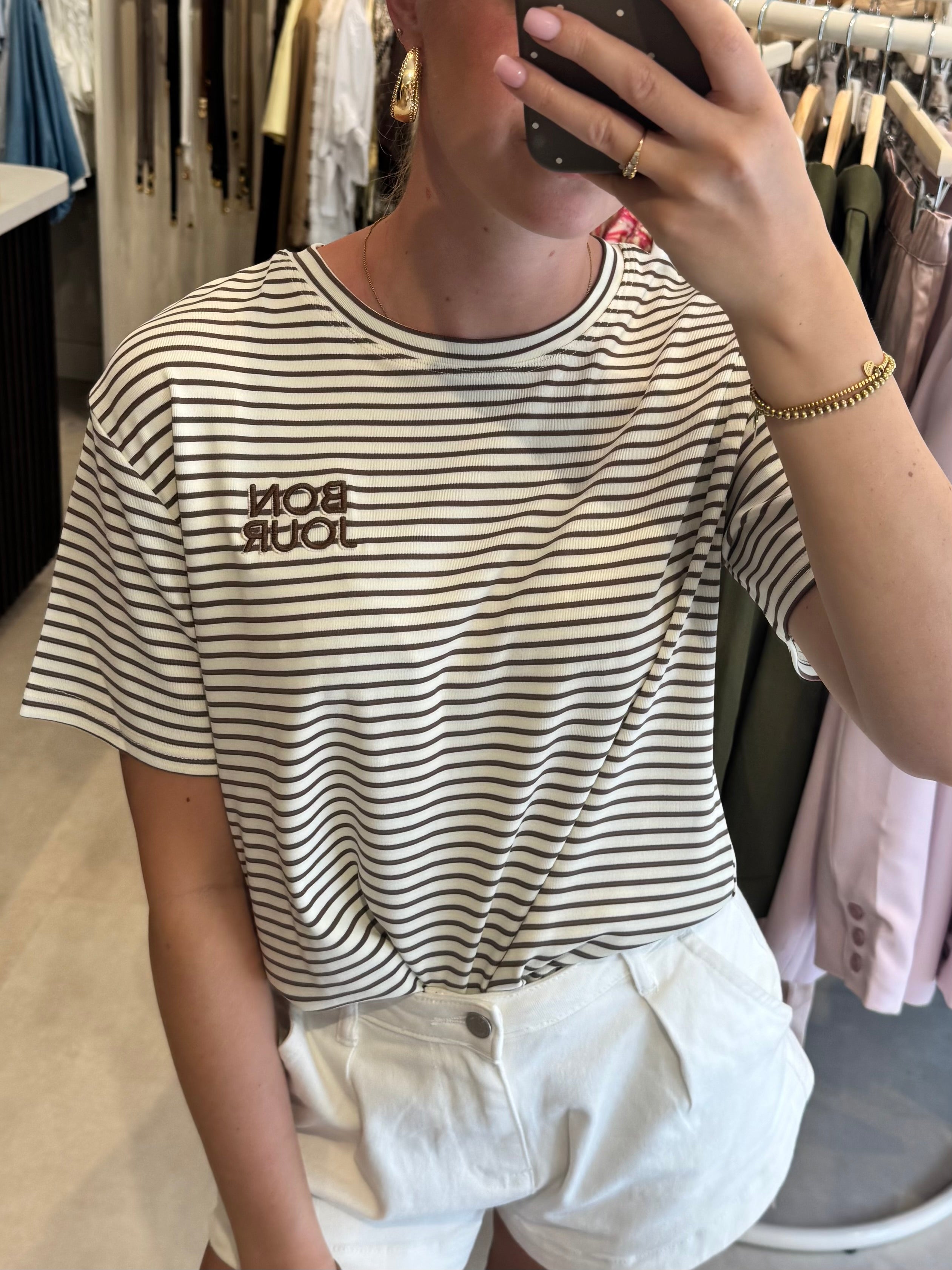 Gestreept t shirt Bonjour - Donkerbruin/Creme