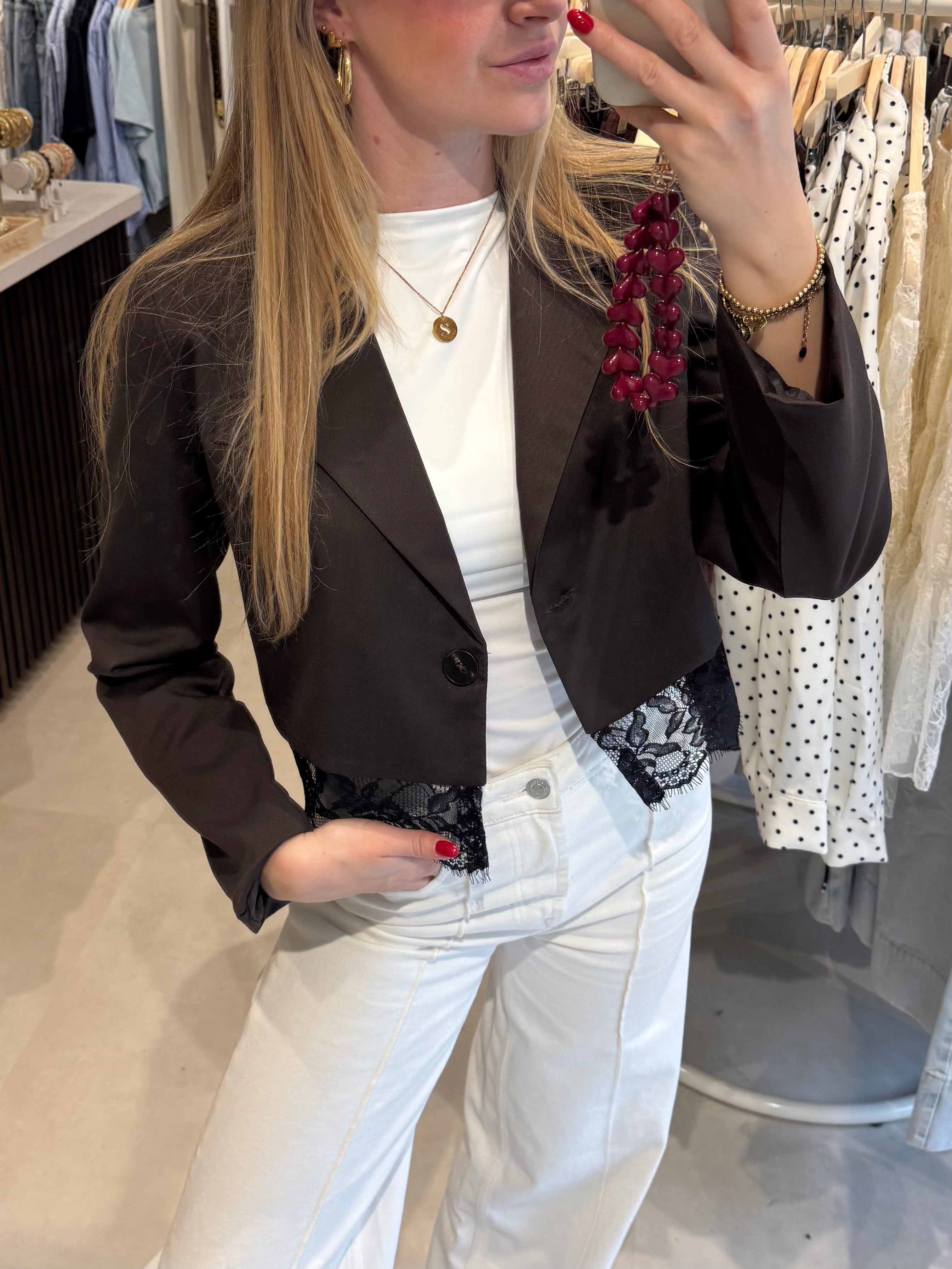 Cropped blazer met kant -Bruin