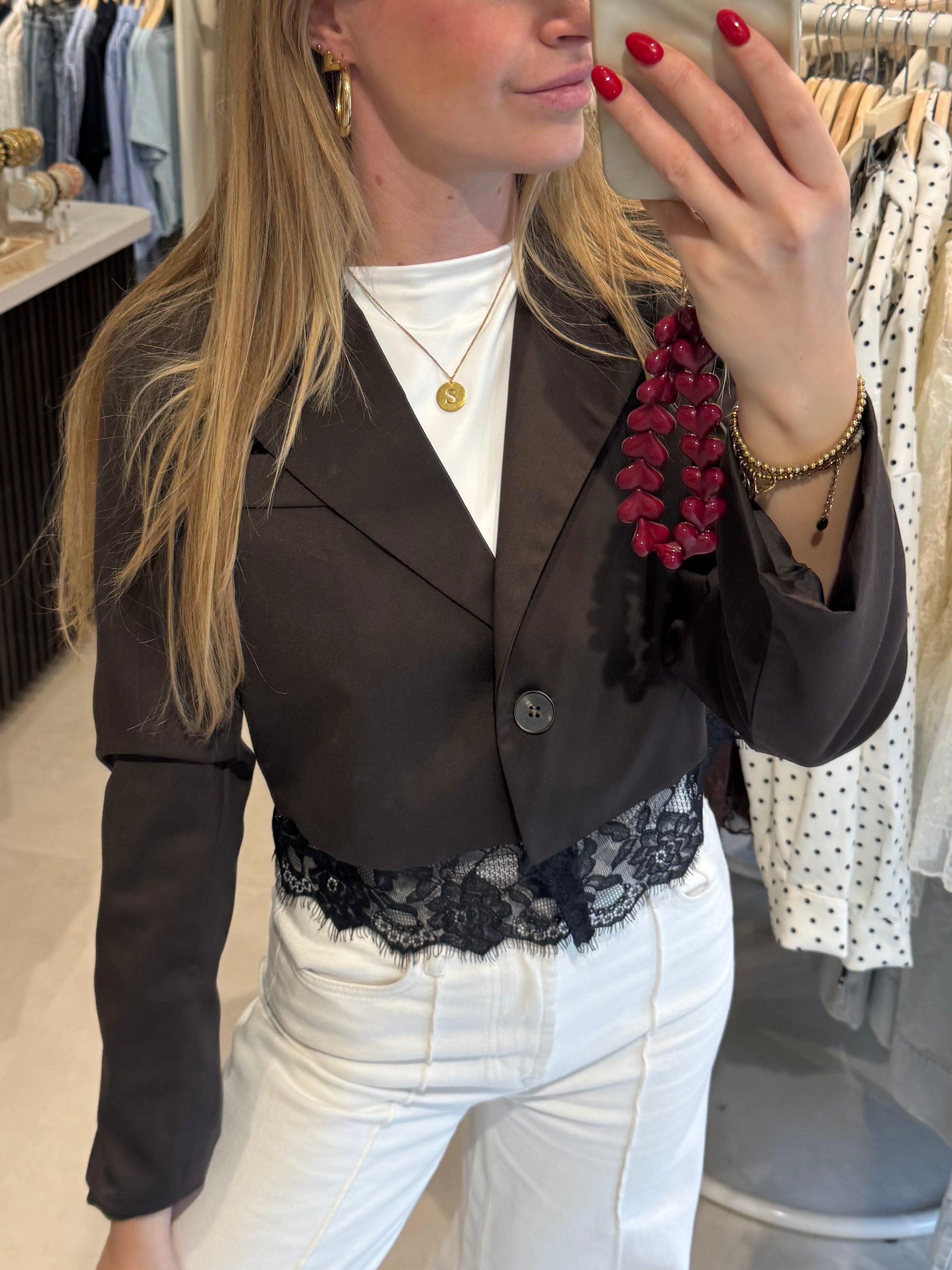 Cropped blazer met kant -Bruin
