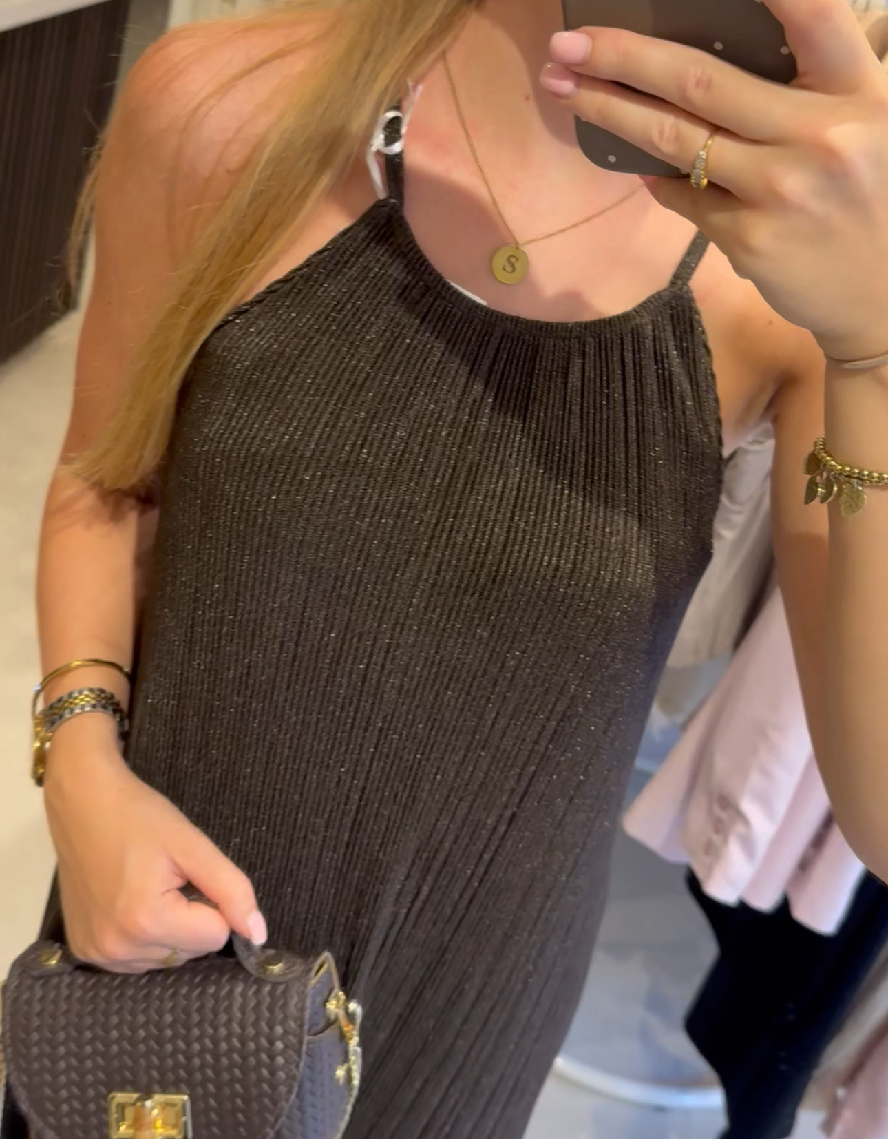Plissé Maxi Dress Lurex- Donkerbruin