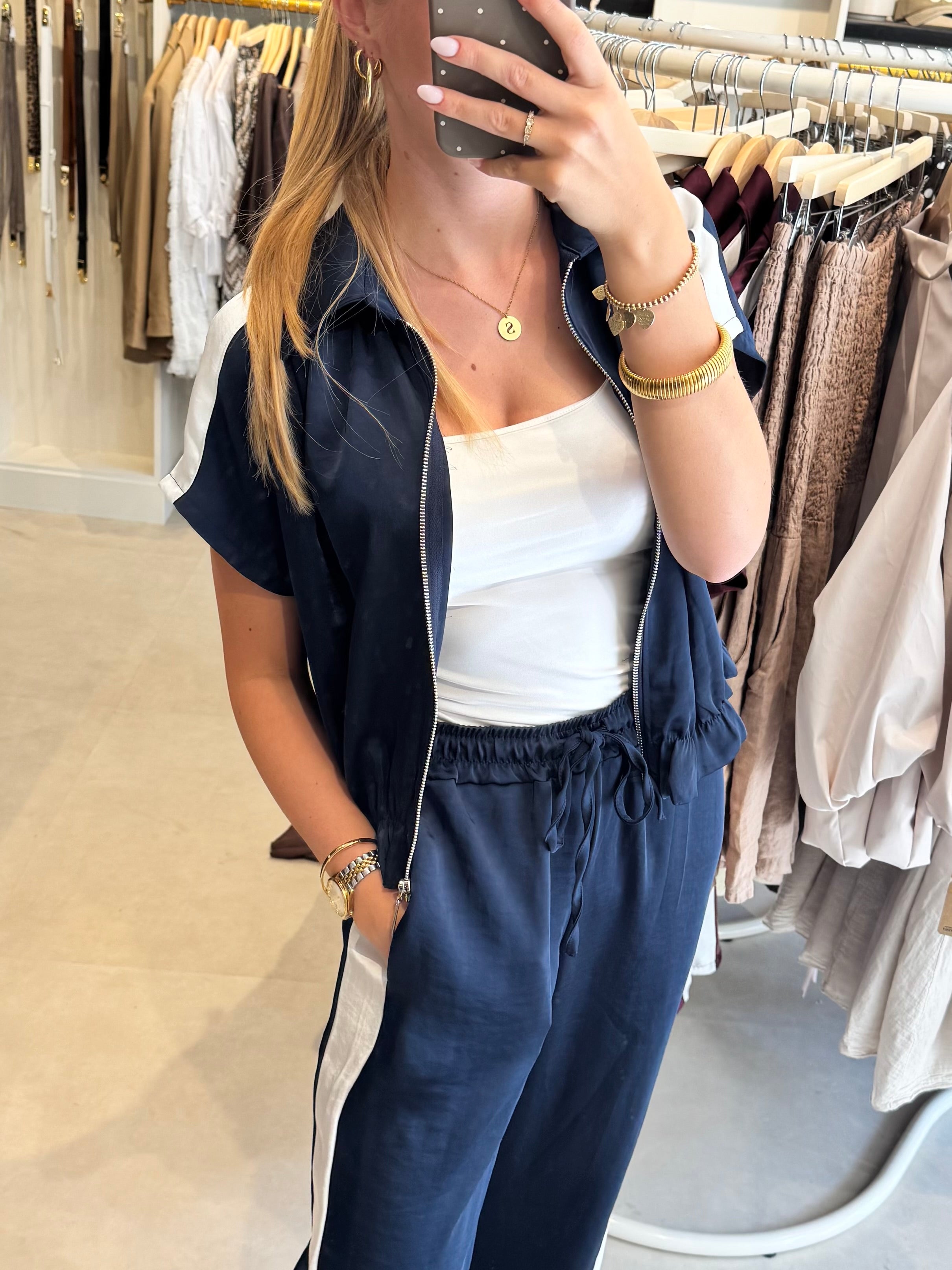 Satijnen bomber met bies - Donkerblauw