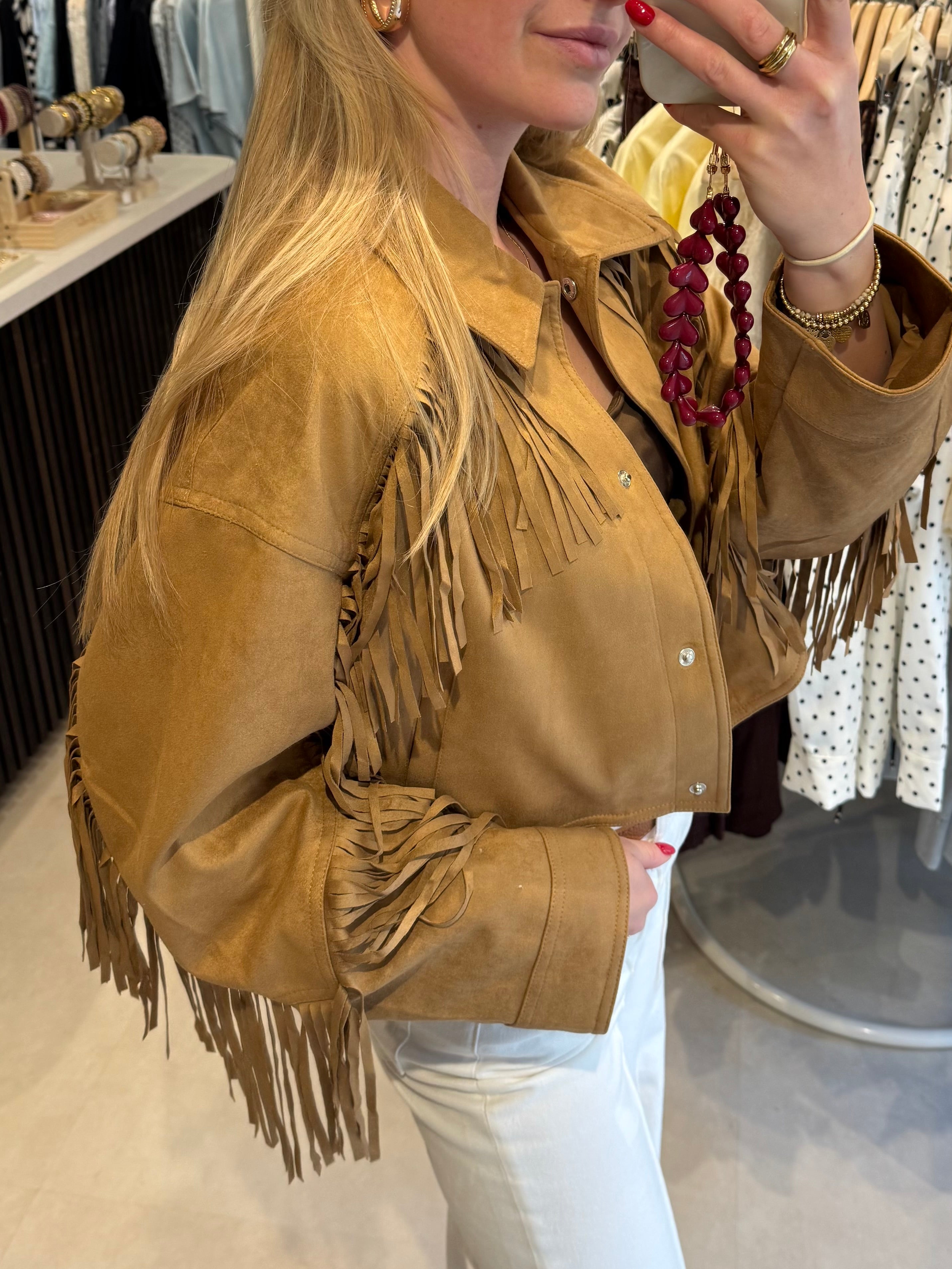 Suede jasje met franjes - Camel