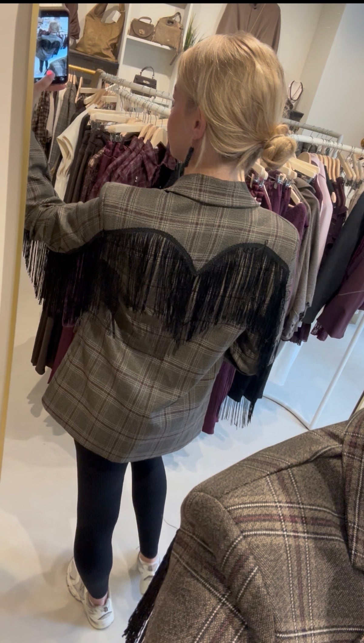 Geruite blazer met franje - Bruin