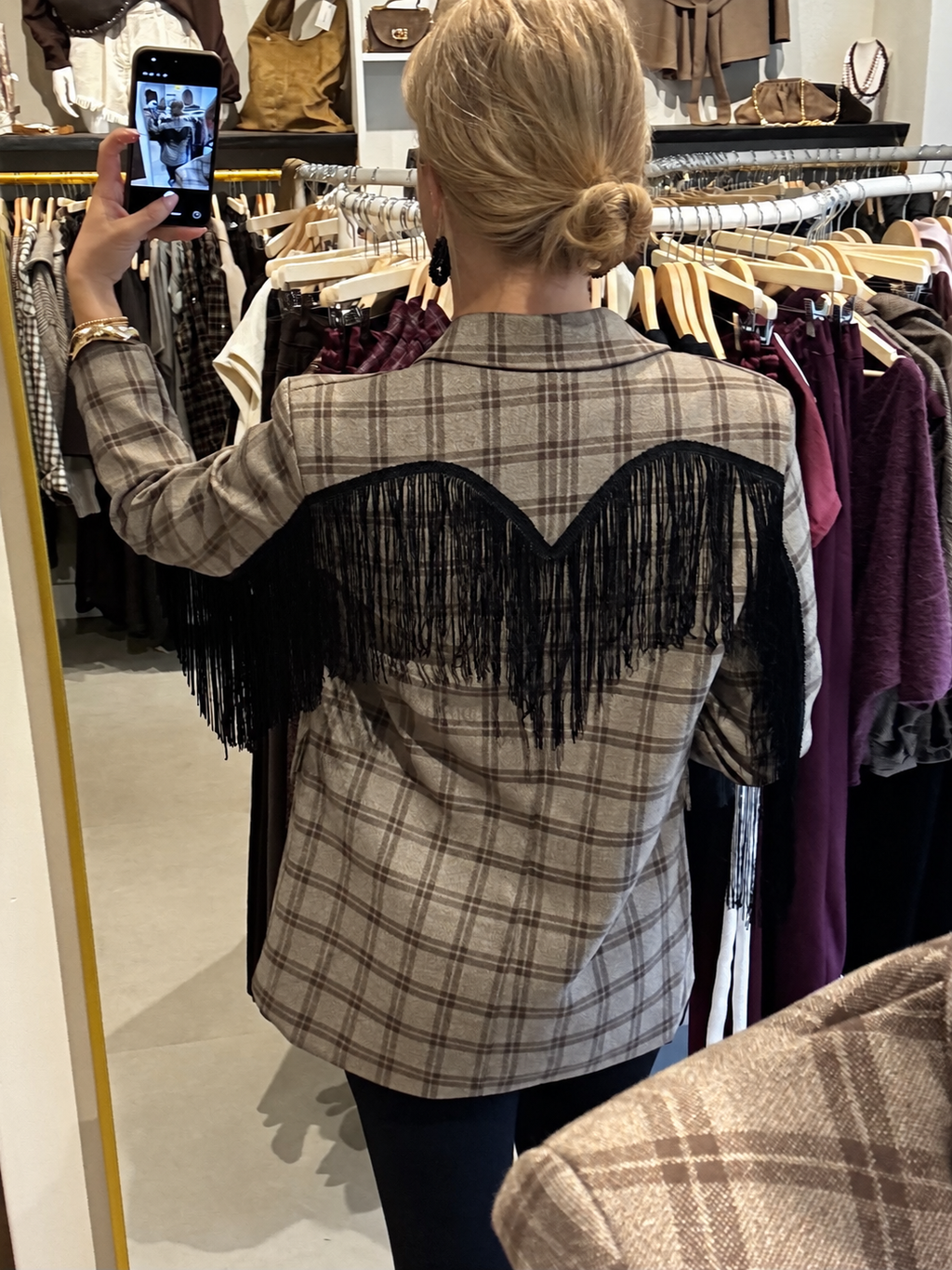 Geruite blazer met franje - Grijs/Bruin