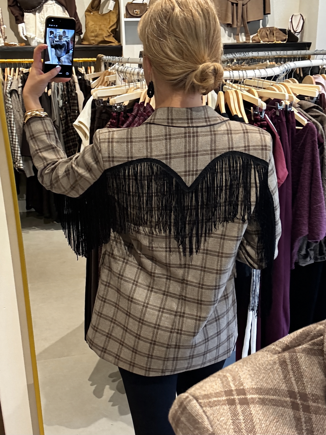 Geruite blazer met franje - Grijs/Bruin