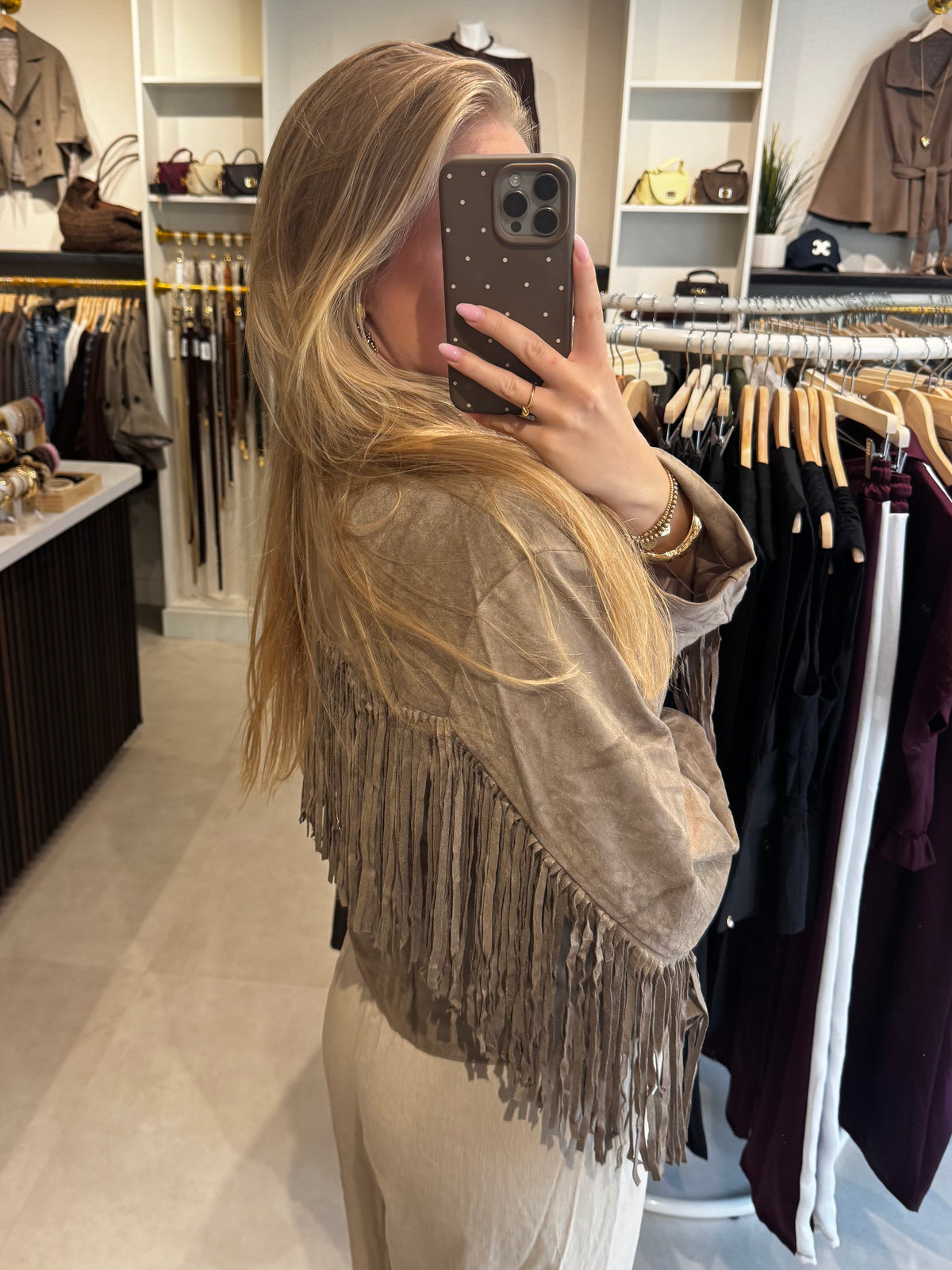 Suede jasje met franjes - Taupe