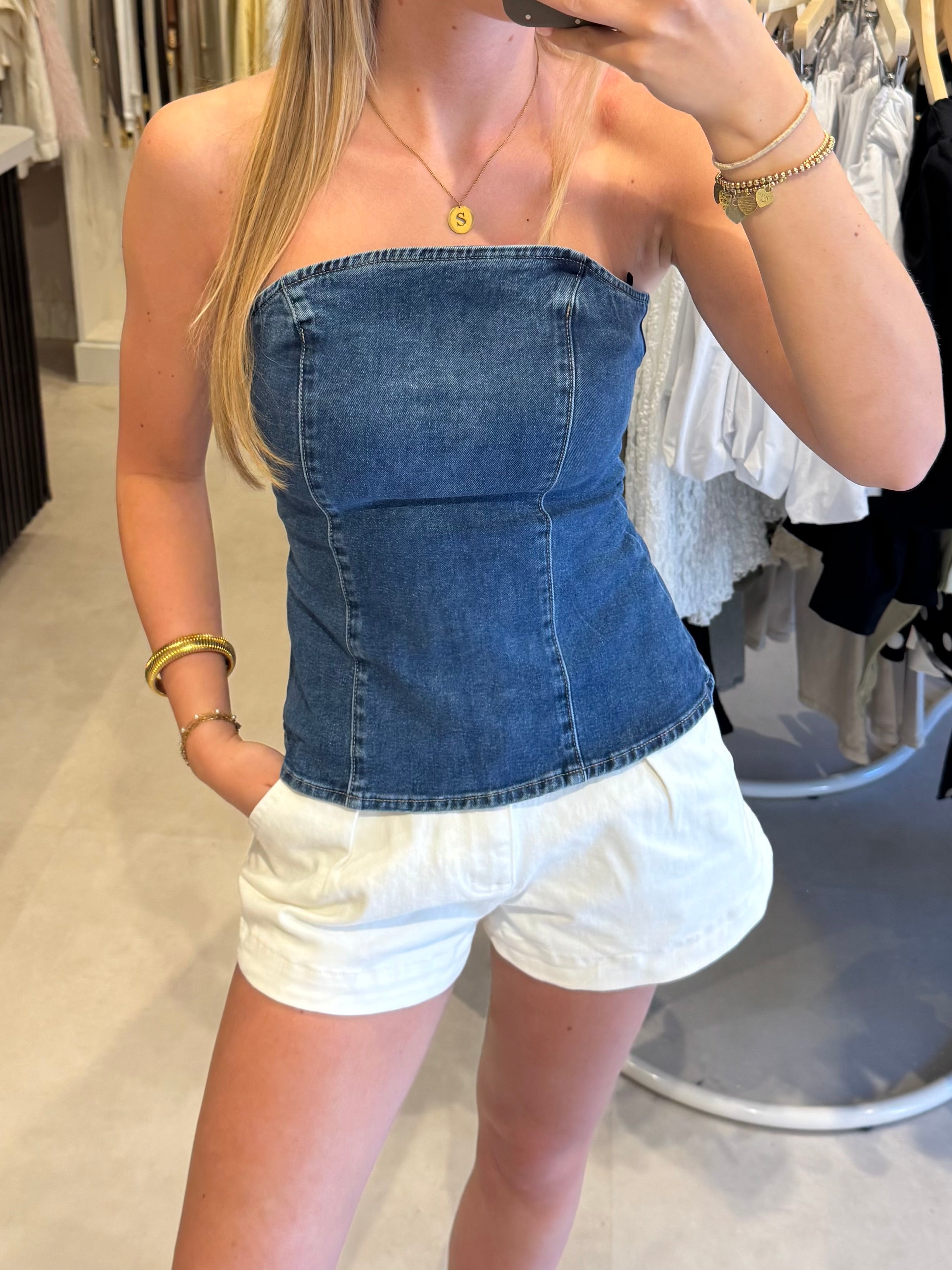 Strapless denim top - Middenblauw