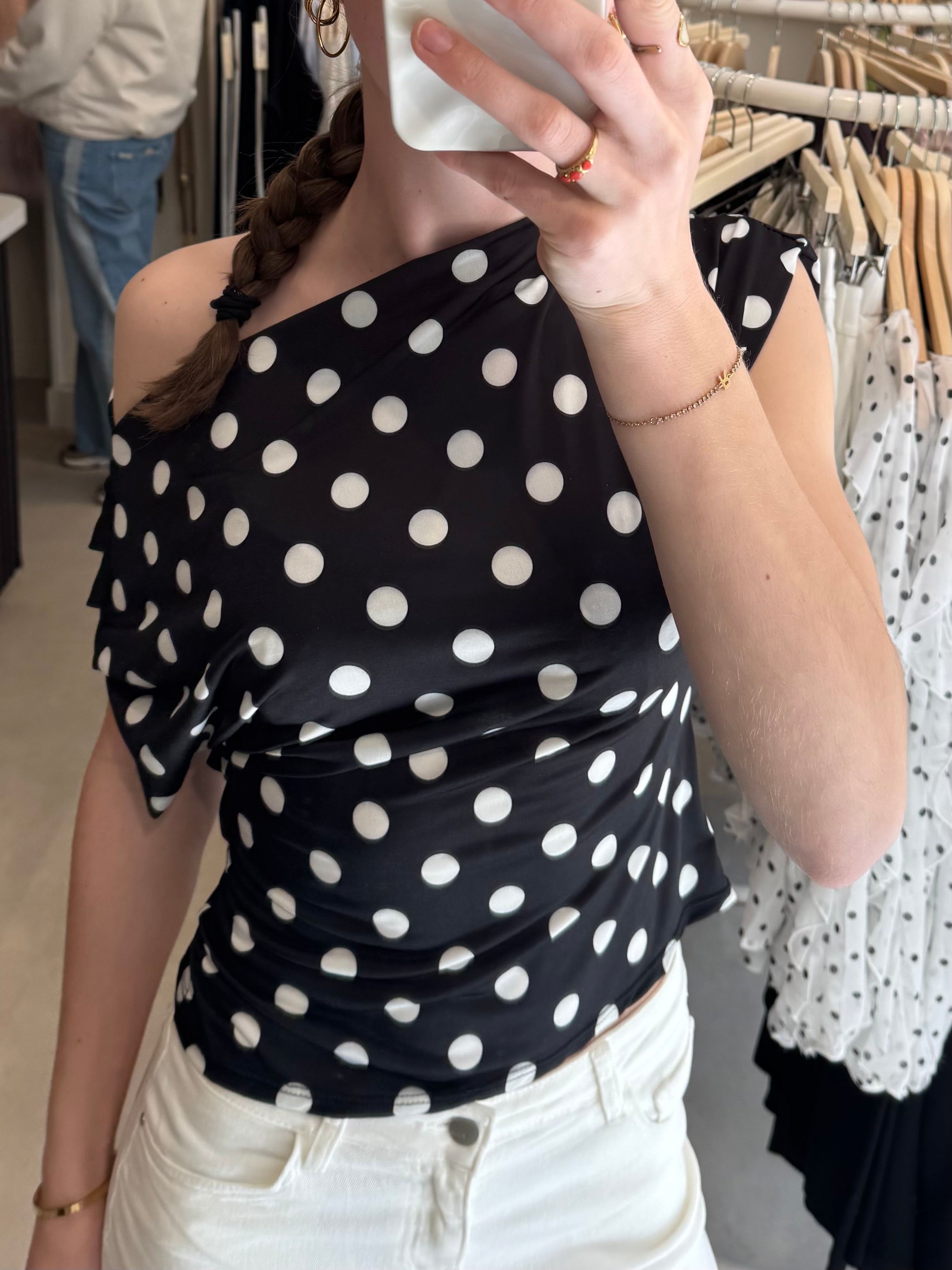 One Shoulder top polka dot - Zwart/Wit