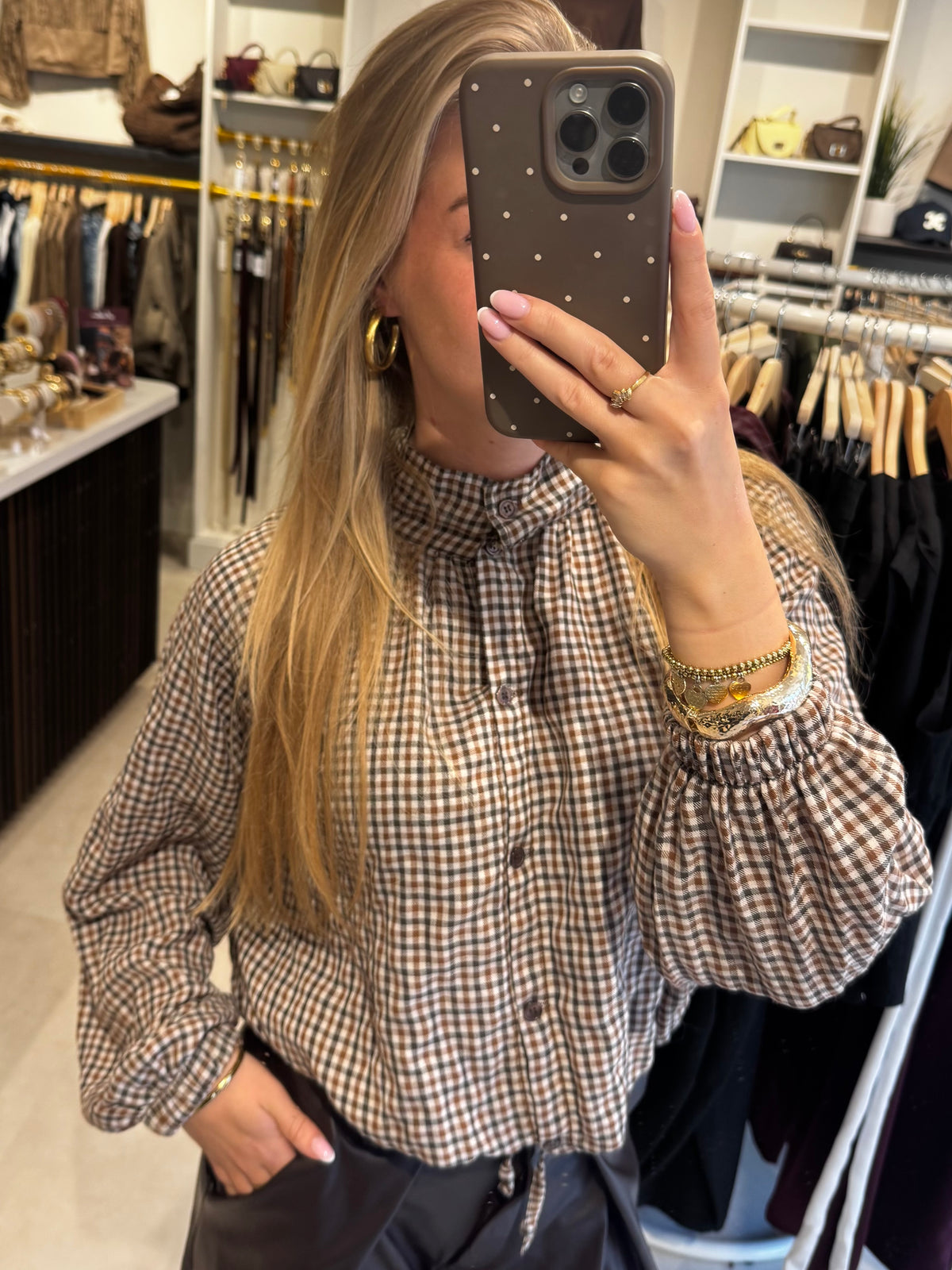Geruite bomber blouse - Bruin/Camel