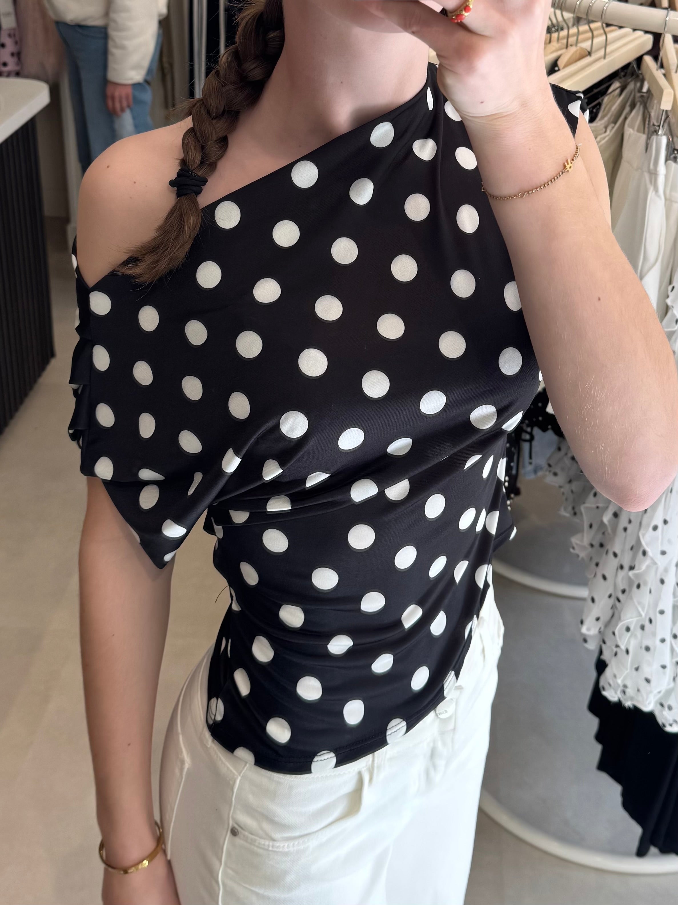 One Shoulder top polka dot - Zwart/Wit