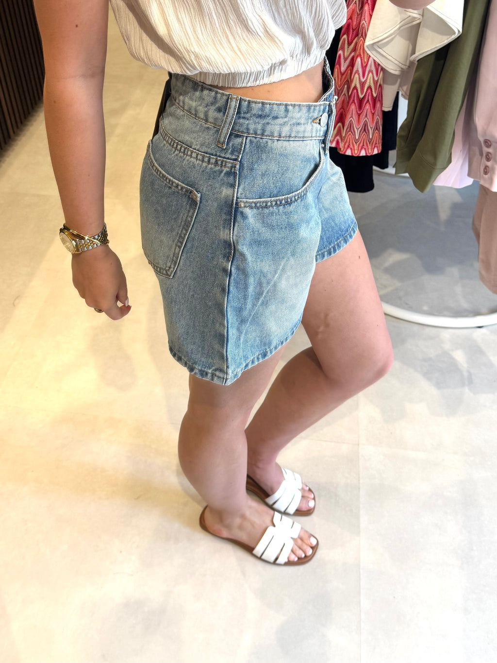 Denim short crosswaist - Middenblauw