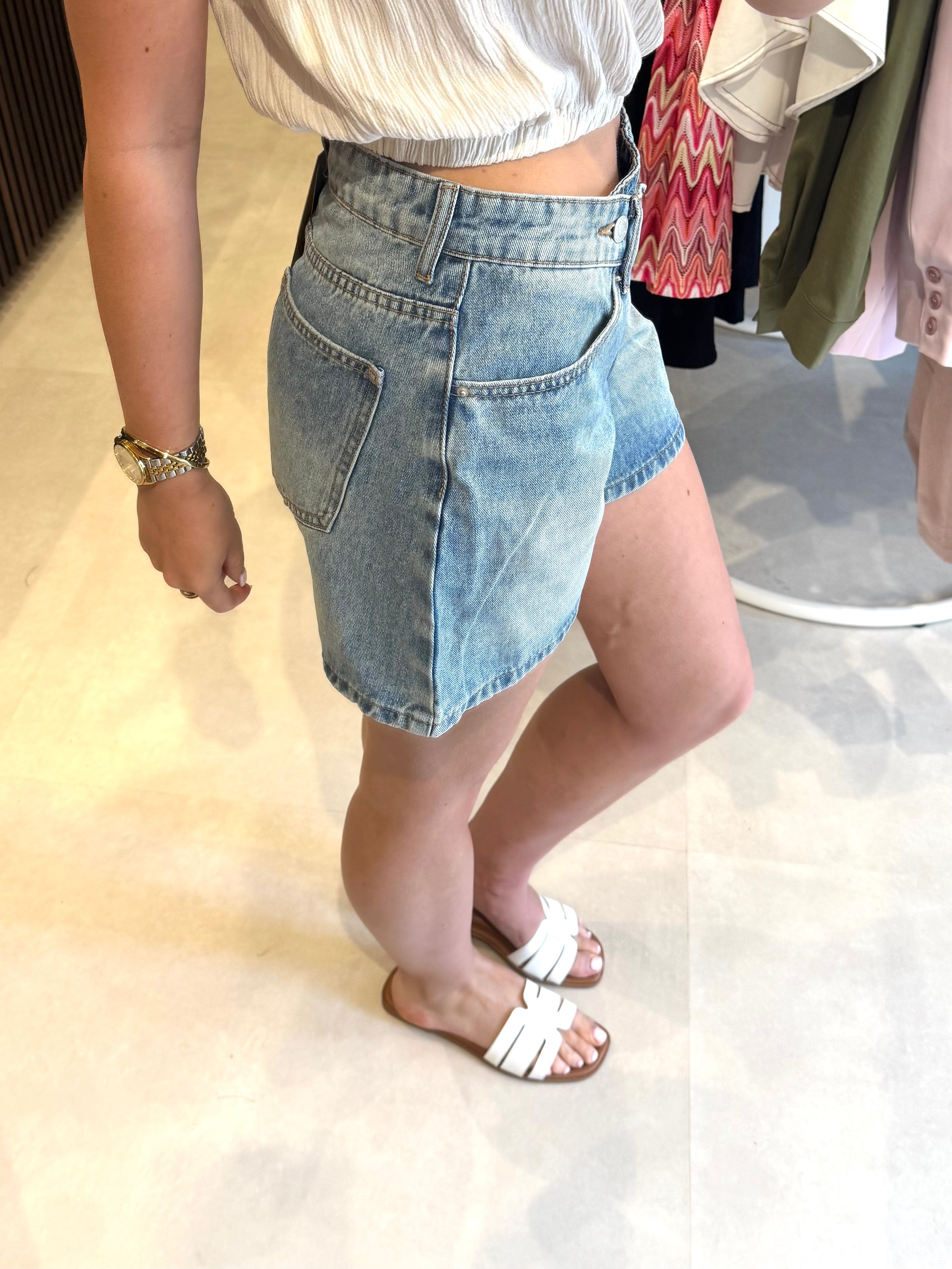 Denim short crosswaist - Middenblauw