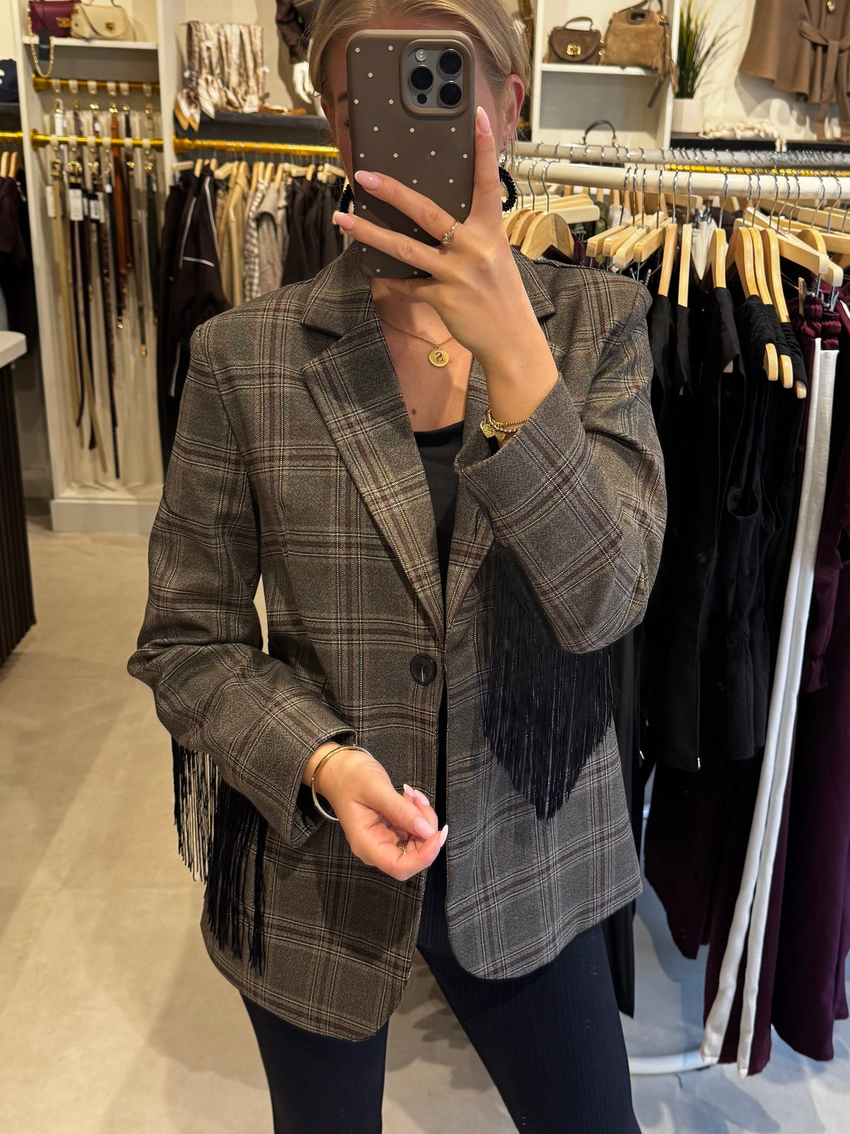 Geruite blazer met franje - Bruin