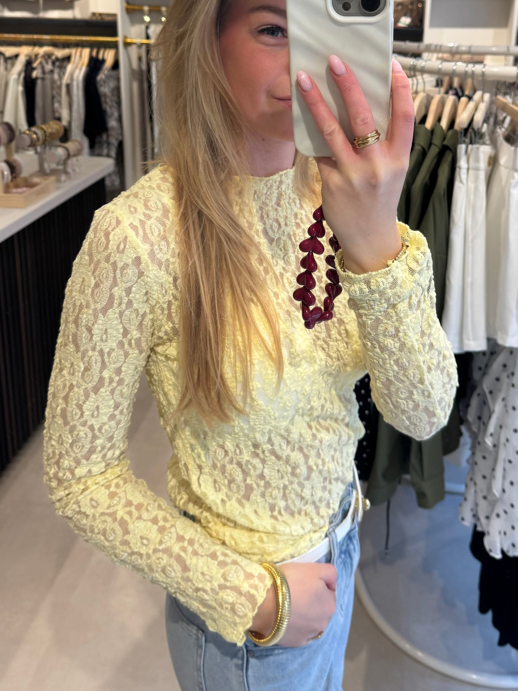 Lace top lange mouw - Lichtgeel