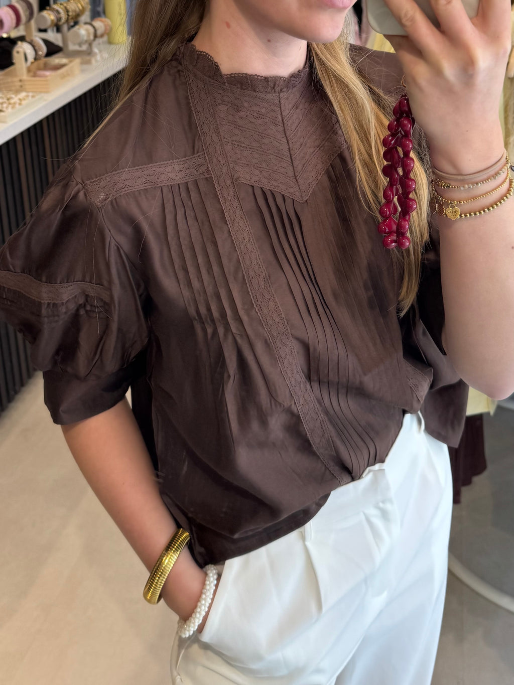 Blouse met broderie - Bruin