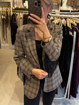 Geruite blazer met franje - Grijs/Bruin
