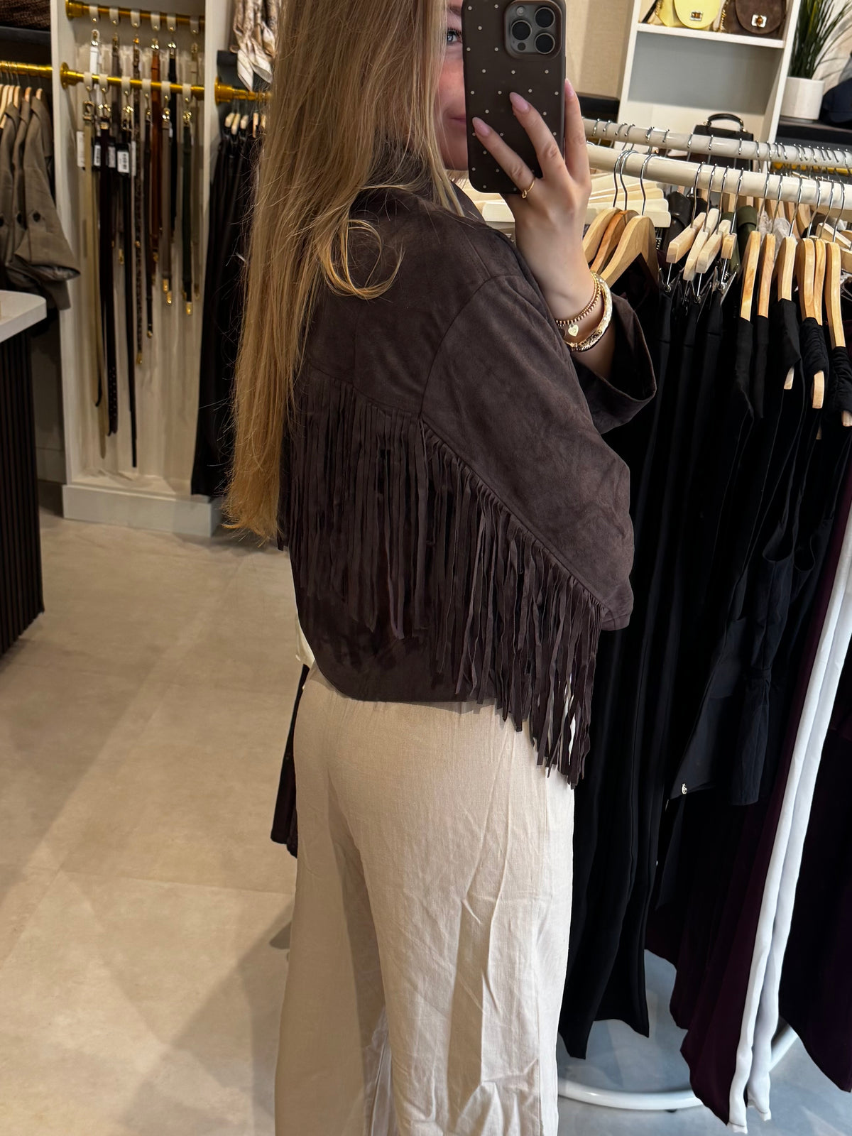 Suede jasje met franjes - Donkerbruin