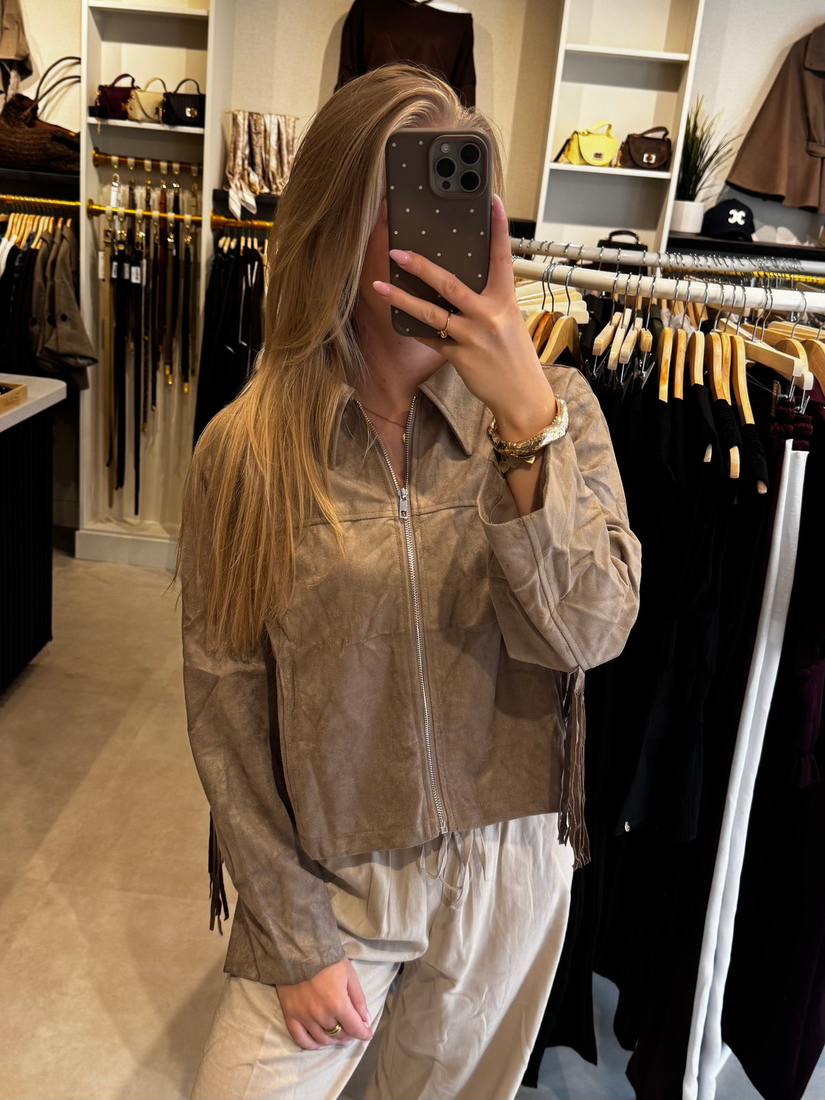 Suede jasje met franjes - Taupe