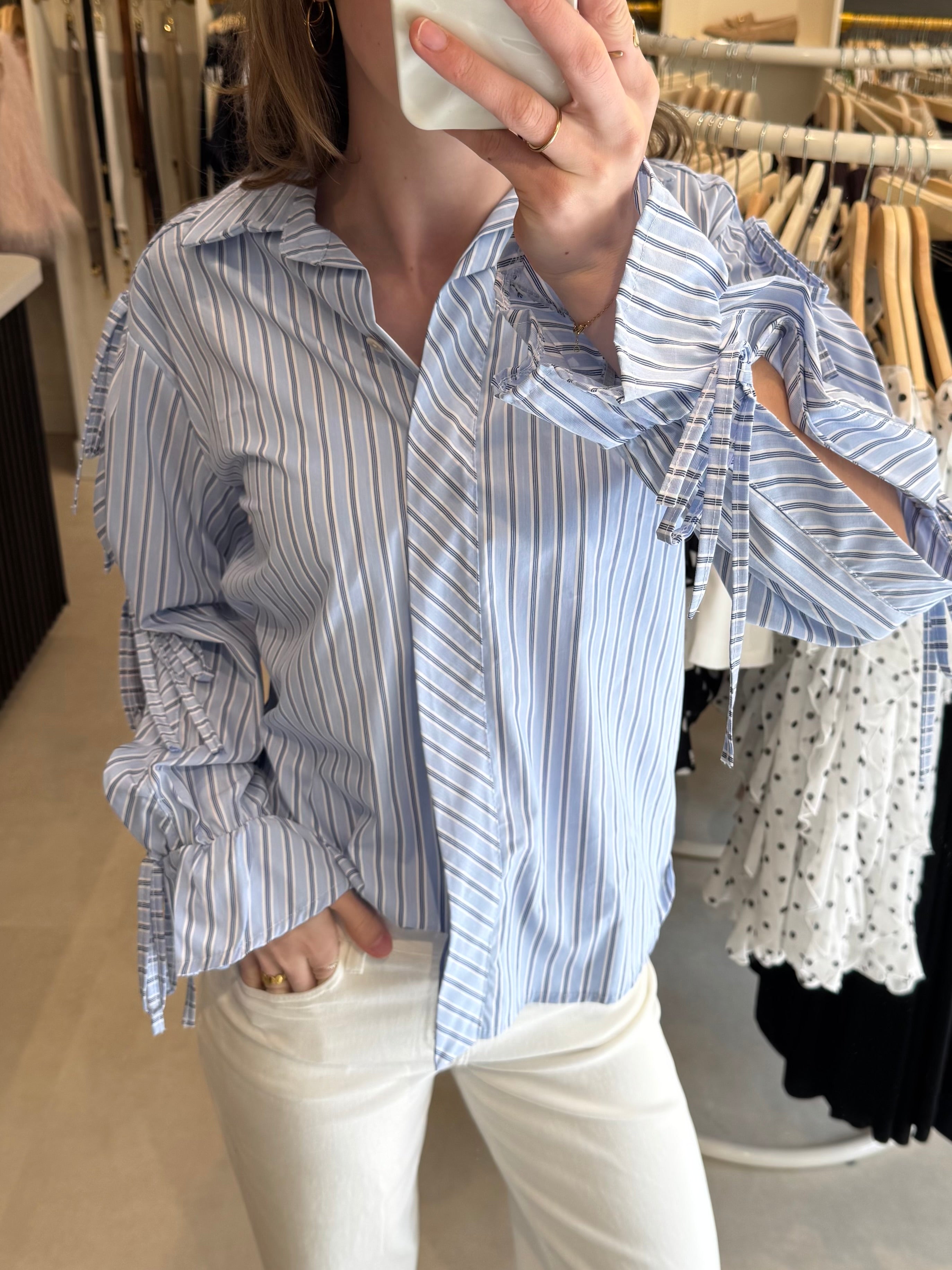 Gestreepte blouse met strik detail - Blauw/Wit