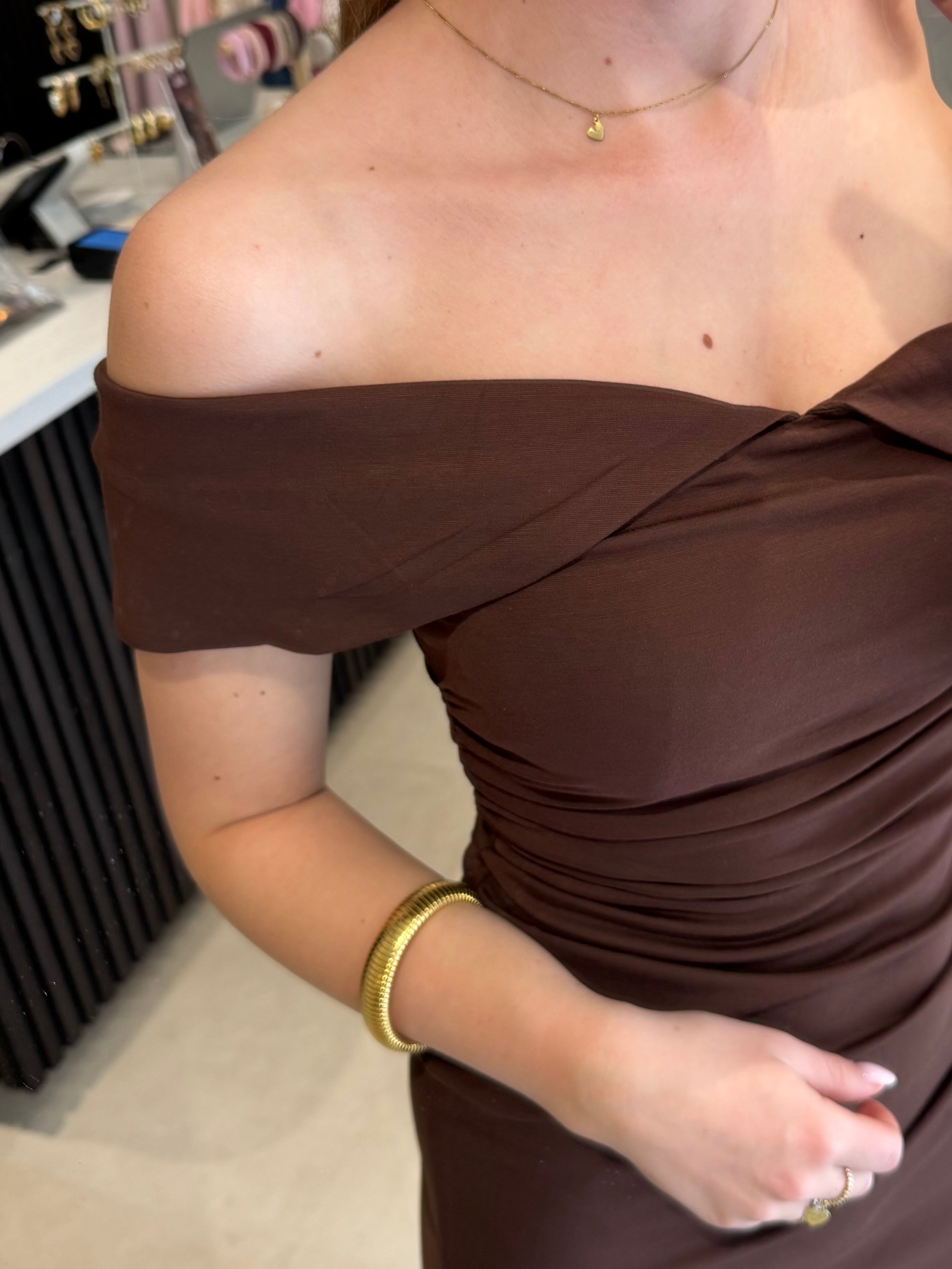 Off shoulder jurk - Donkerbruin