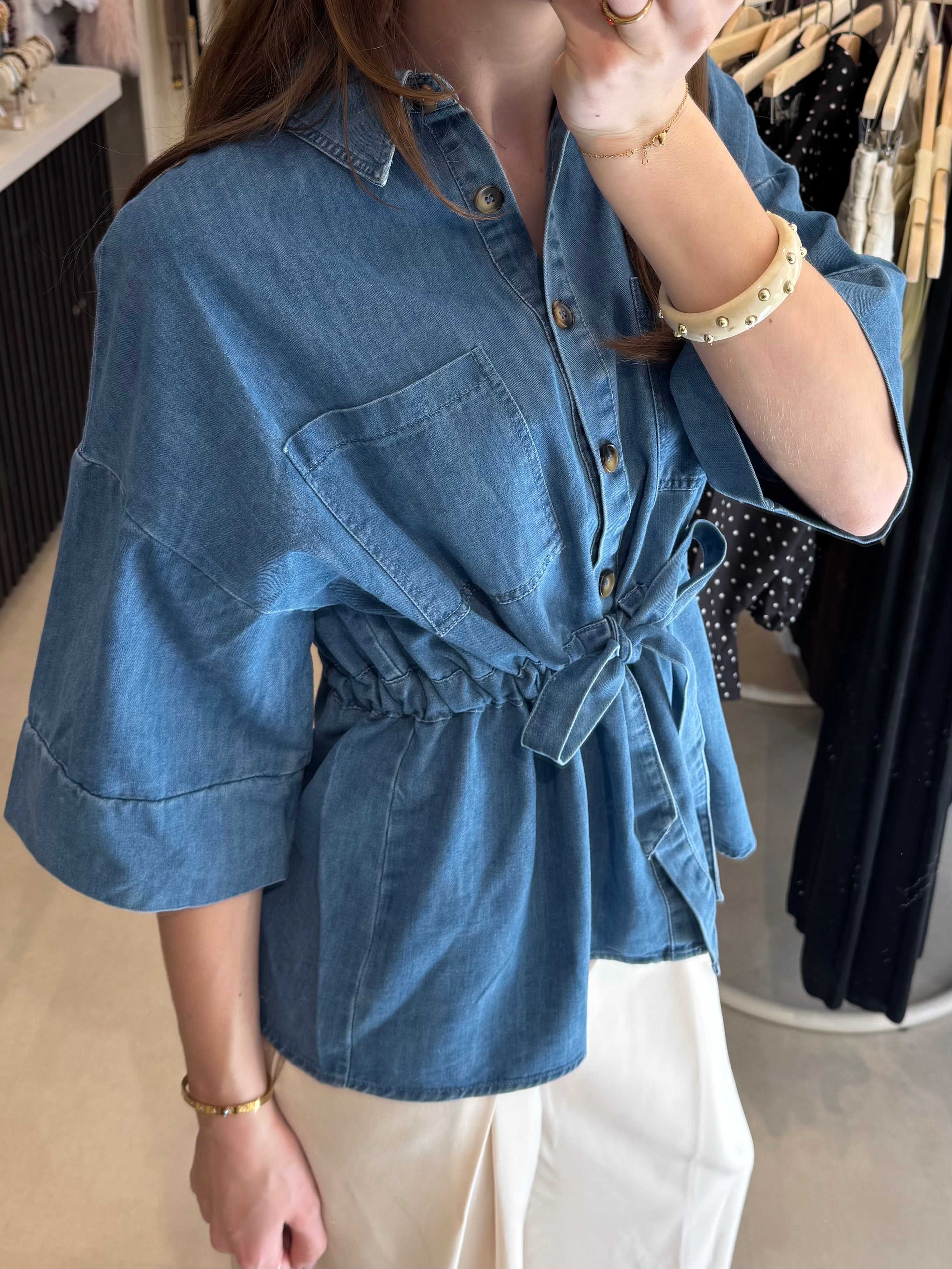 Denim top met ceintuur - Blauw
