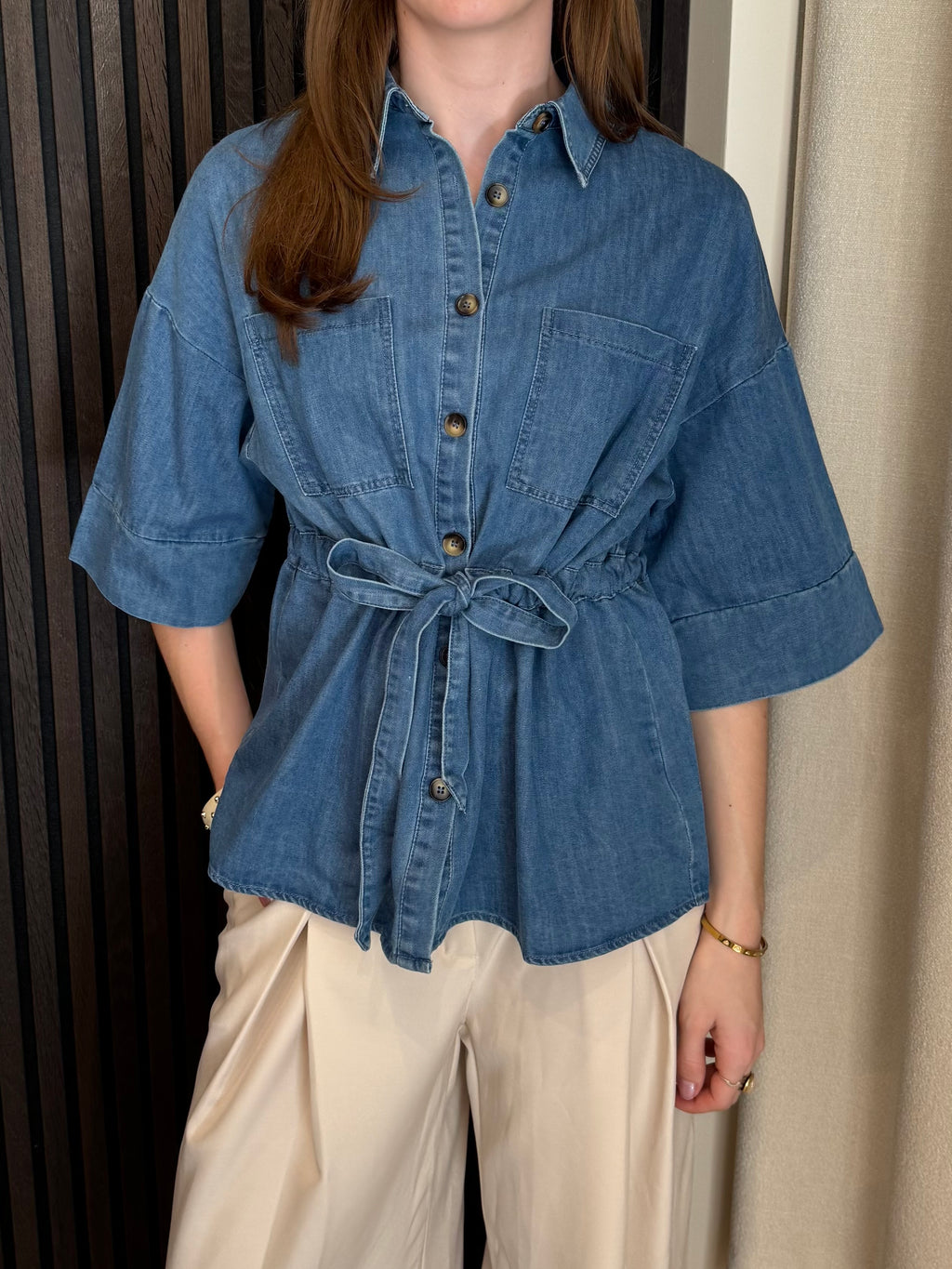Denim top met ceintuur - Blauw
