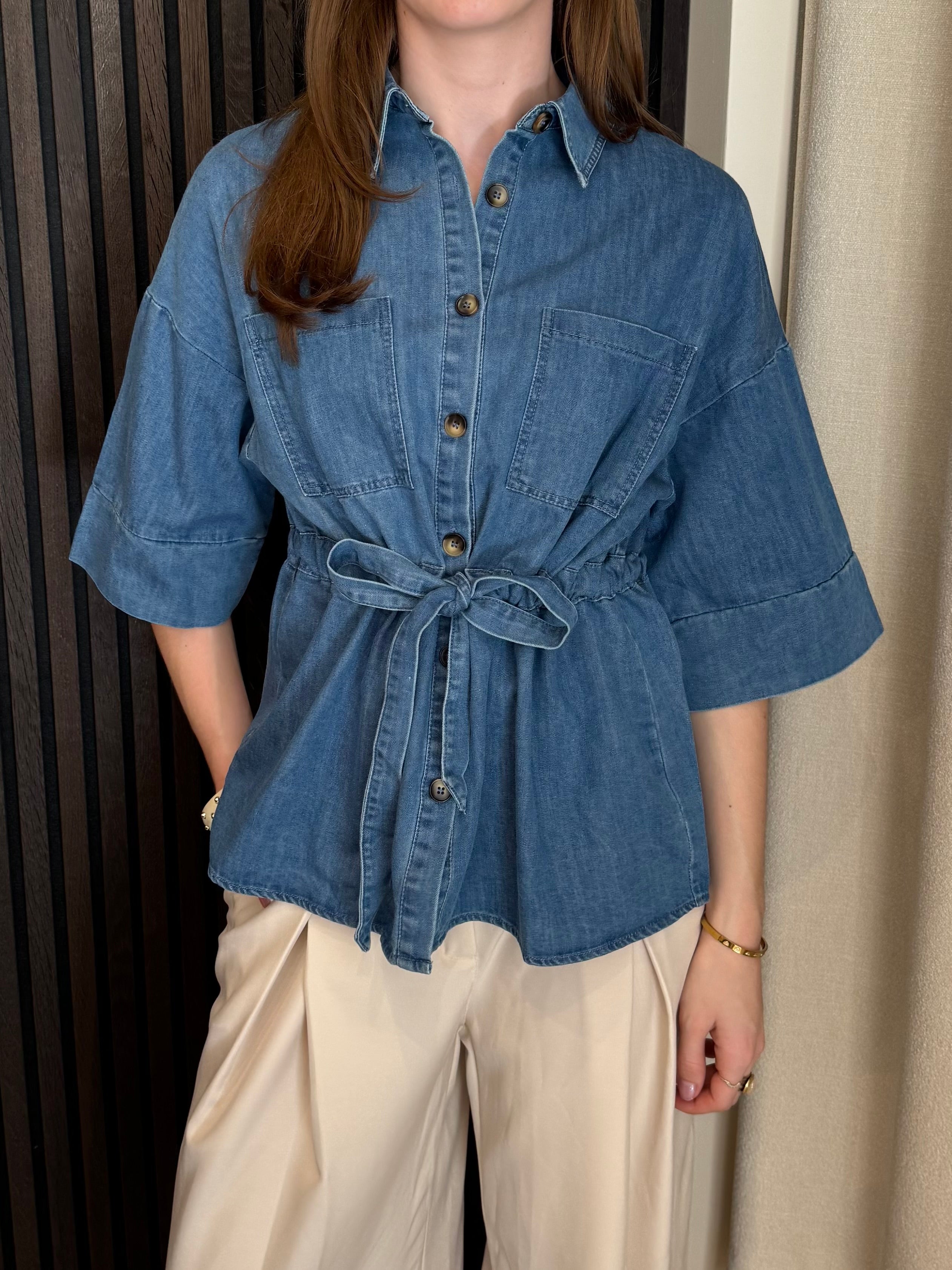 Denim top met ceintuur - Blauw