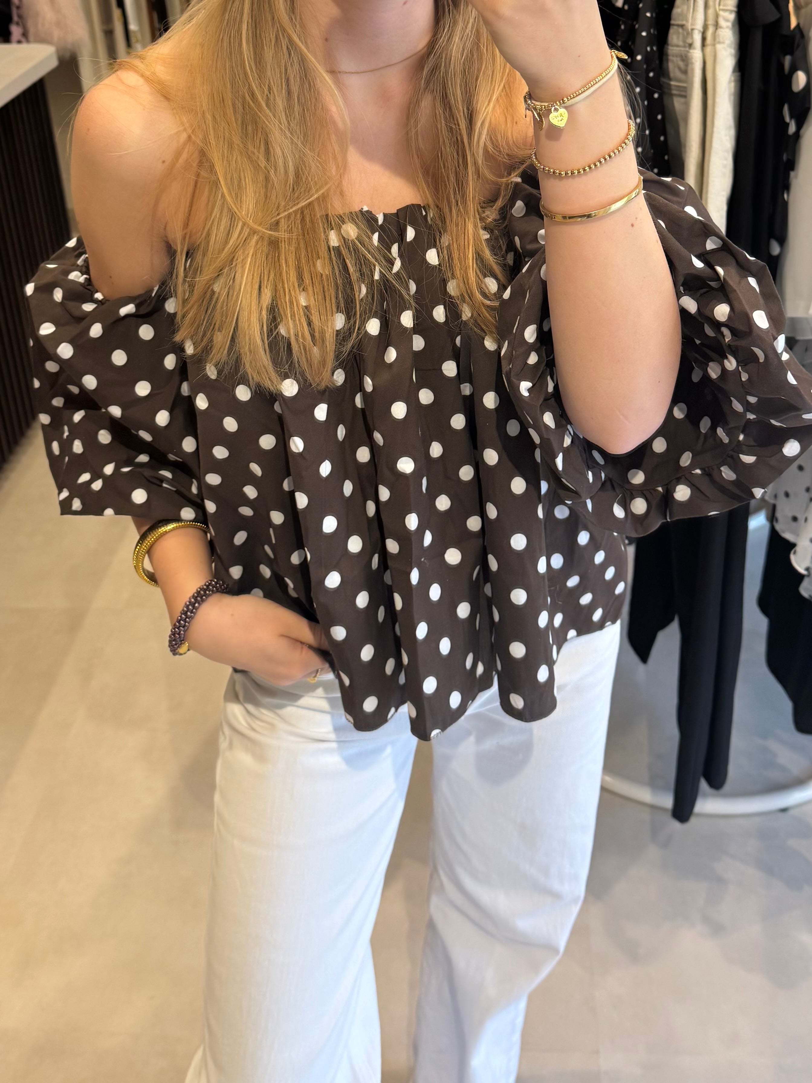 Off shoulder top polka dot - Bruin/Wit
