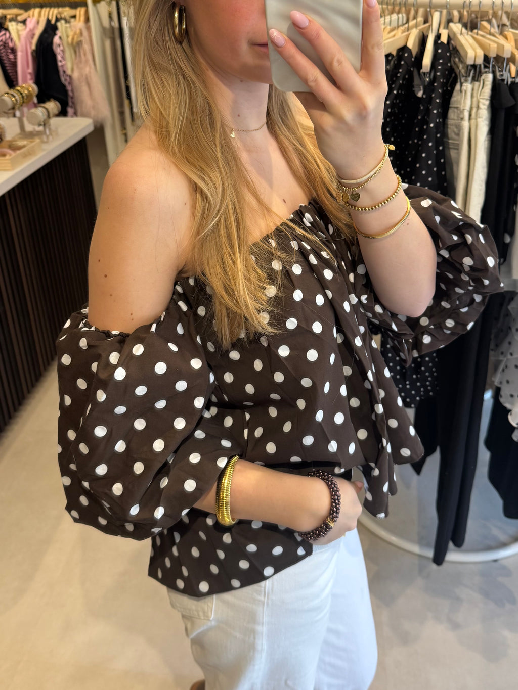 Off shoulder top polka dot - Bruin/Wit