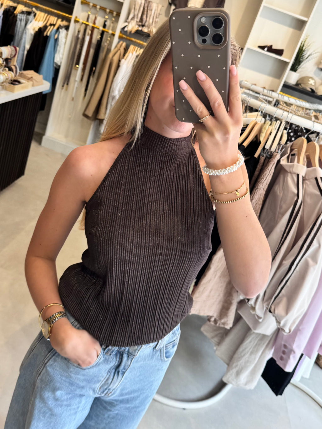 Halter top met lurex - Donkerbruin